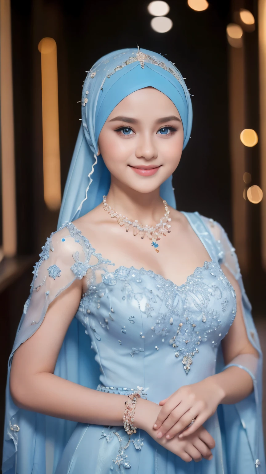 Beautiful, cute baby Face, ************ russian ****ta Girl, blue eyes, (wearing hijab) and sexy kebaya dress, Rounded small Breast,slightly Chubby , luxury necklace, White Skin, Smiling, Dark City Background, mid shot, upper body, Perfect Potrait, Bokeh Effect, Look at Viewer, Armpit, Perfect Eye, Perfect Hand, Perfect Finger, Bracelet, Ring, small breast, ((adorable:1.2)), ((masterpiece:1.1)), ((bokeh:1.2)),