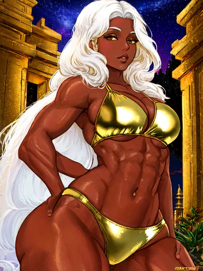 realistic, solo, indian ifbb, (shiny plastic gold bikini), white hair, dark skinned, thick lips, night, ruin cyber palace, view