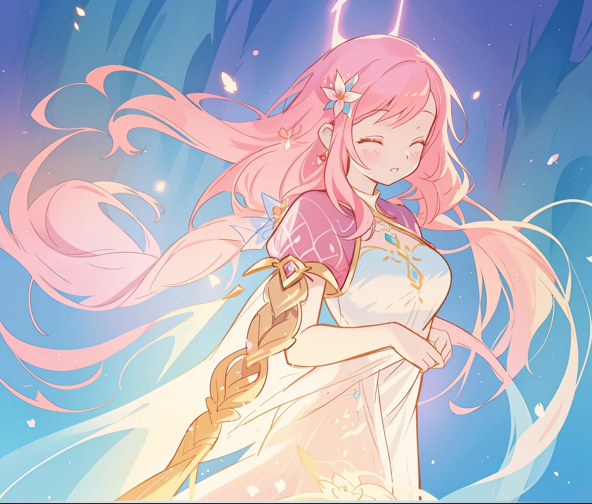 beautiful girl in white arabian style dress, long colorful pink hair, watercolor illustration, inspired by Glen Keane, inspired by Lois van Baarle, disney art style, by Lois van Baarle, glowing aura around her, by Glen Keane, jen bartel, glowing lights! digital painting, flowing glowing hair, glowing flowing hair, beautiful digital illustration, fantasia otherworldly landscape plants flowers, beautiful, masterpiece, best quality, anime disney style