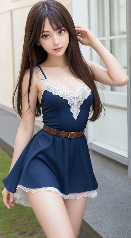 masterpiece++, best quality++, ultra-detailed+, extremely detailed++, 4K, 8K+, best quality, beautiful+, anime style,1person,full body image,summer,park,white lacefrill mini slipdress,narrow leather belt bound waist,very slim waist,beautiful straight pinkbrown hair,beautiful blue eyes, beautiful eyes++,long straight hair