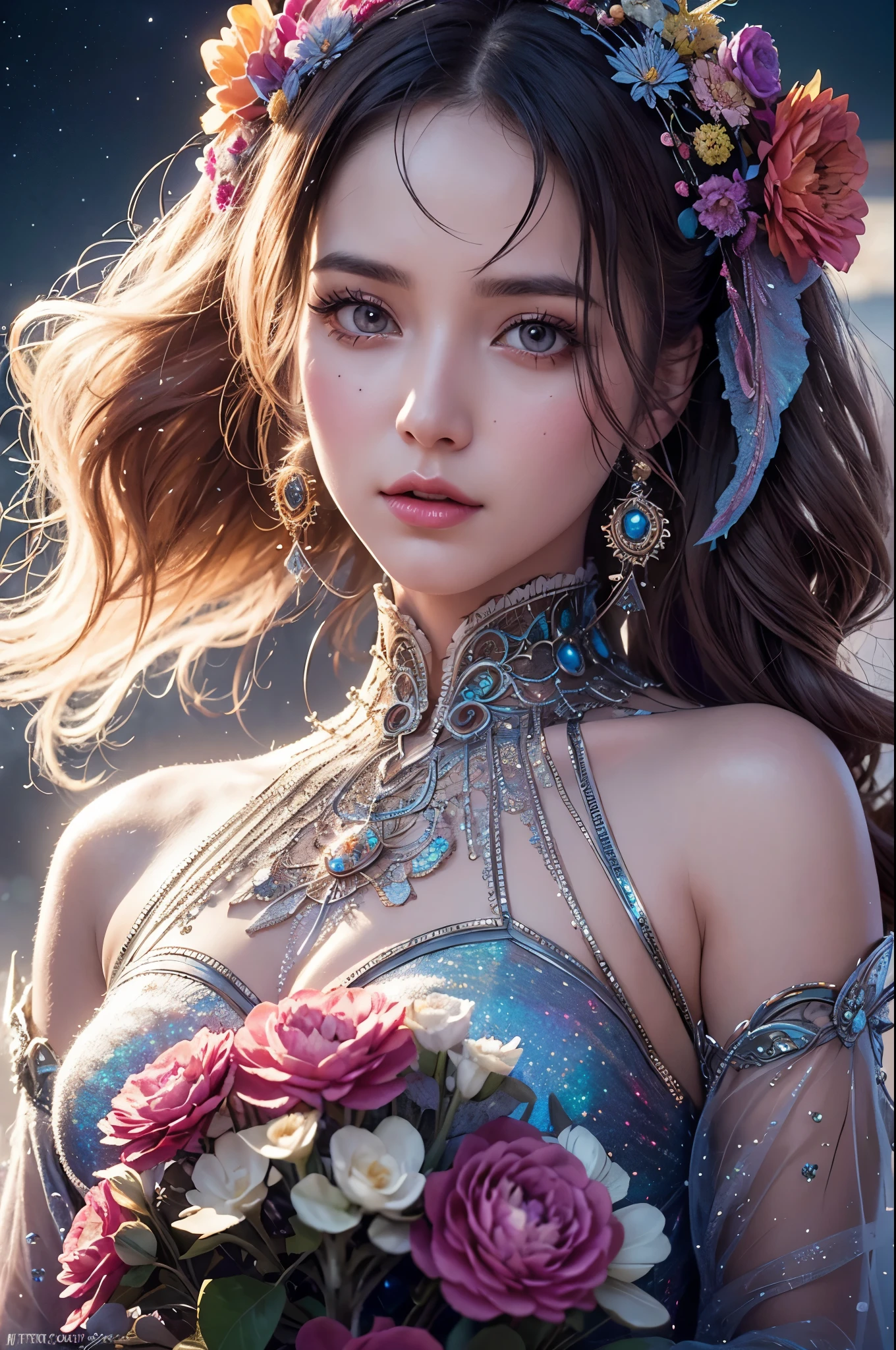 fog, light, dust, royal fractal, holographic cosmic flowers, illustration,(Lolita Costume Outfit), mixed technique by Pablo Amaringo "Merriam, Nikolina Petolas, Peter Grik, Dariusz Klimczak, surreal hallucinatory, intricately detailed sharp focus", digital art, perfect composition, beautiful detailed, intricate, insanely detailed octane rendering trending on artstation, 8k art photography, photorealistic concept