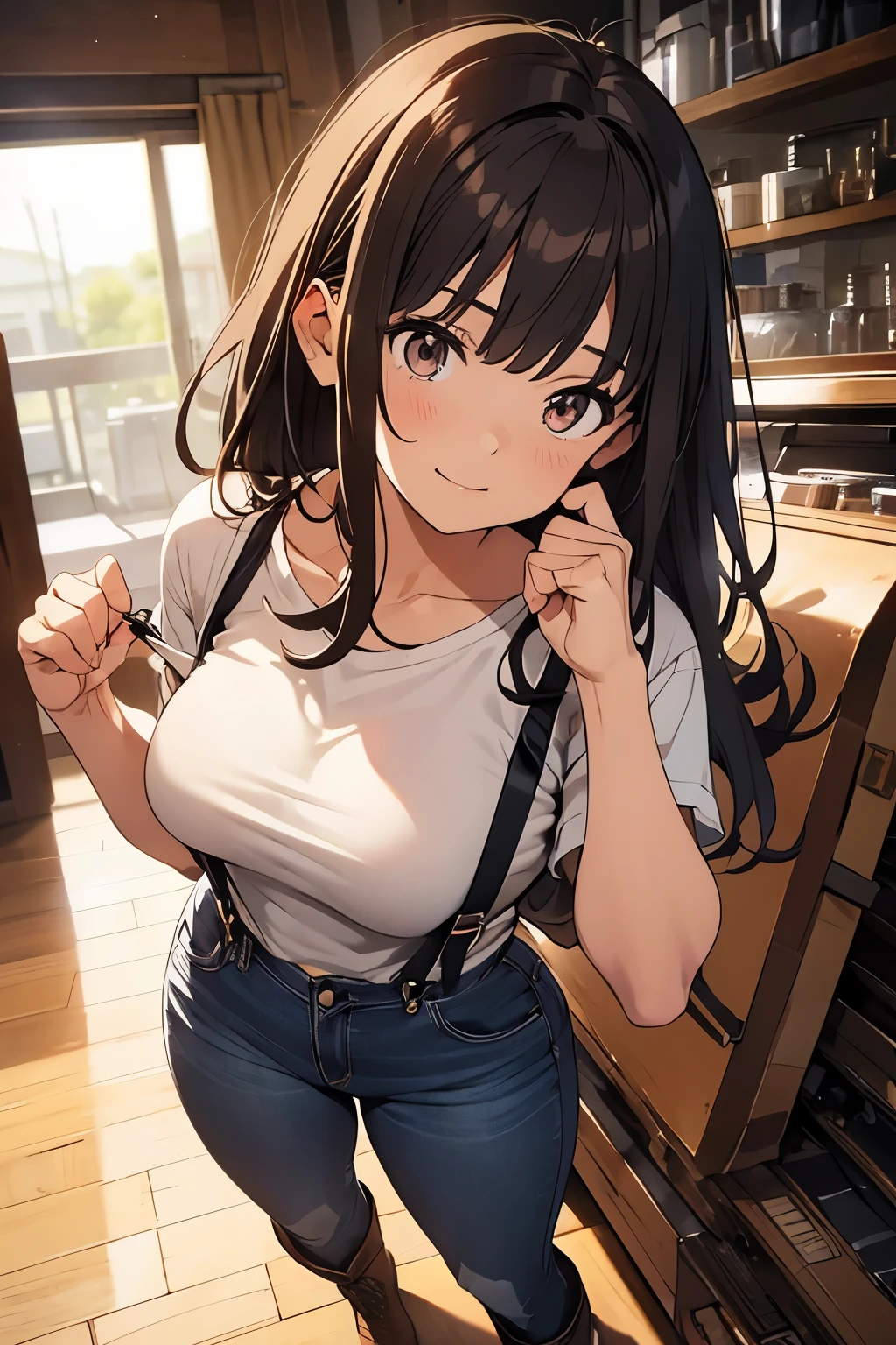 brown hair、looking at the viewer　　suspenders　　　Bulging big breasts　　 　 　　　　jeans　boots　　　　　Gaze　　　small face　bangs 　　　　　Beauty　　hands up　　 　Gaze 　黒いboots 　provocation　　armpit sweat　one person 　　put your hands behind your back　cutter shirt　　