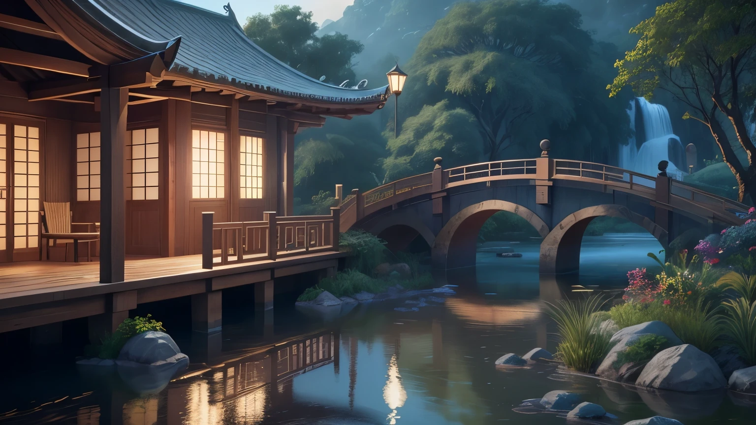 arquitetura chinesa antiga, lua, Meia-noite, Jardim, bambu, lago, ponte de pedra, Rochas, arco, canto, tree, Flowing Water, Landscape, ao ar livre, waterfall, grama, Rocha, Water Lily, Termas, water vapour, (illustration: 1.0), Epic composition, realistic lighting, Detalhes do HD, master part, best quality, (Muito detalhado CG Unity 8k) --v 6