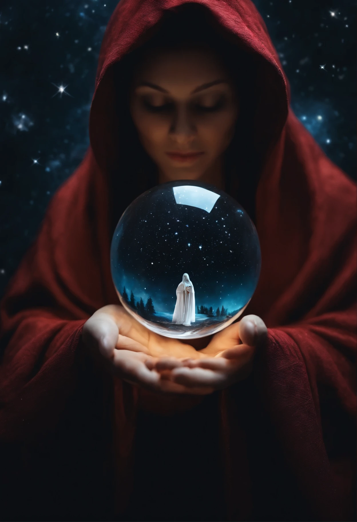 (highest quality,High resolution),Holding a round crystal ball in your hand,Constellations written in a crystal ball,Wearing a cloak that hides your face,mysterious background