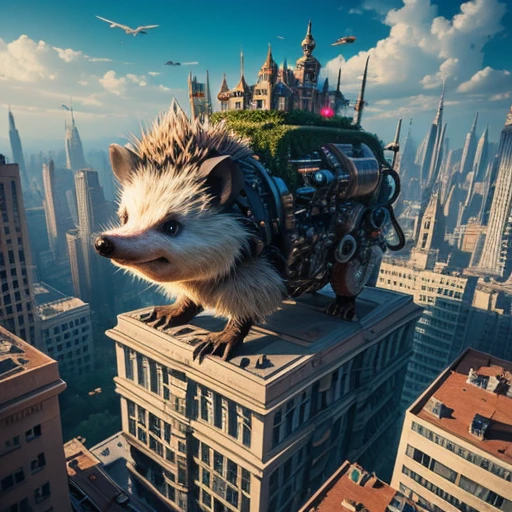 A giant mechanical hedgehog tramples the roof of a high-rise building, surrealism, Fantasy, phantasmagoria, Maximum detail, beautiful, Pictorial canvas