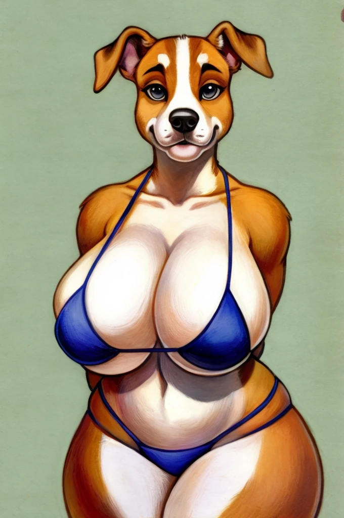 Solo, Furry, Anthro, Rottweiler, Female, E621, Naked, Standing, Big Curves, Front View, Hands Behind Back, Huge Ass, Huge Breasts, Plain Background, By ksaiden