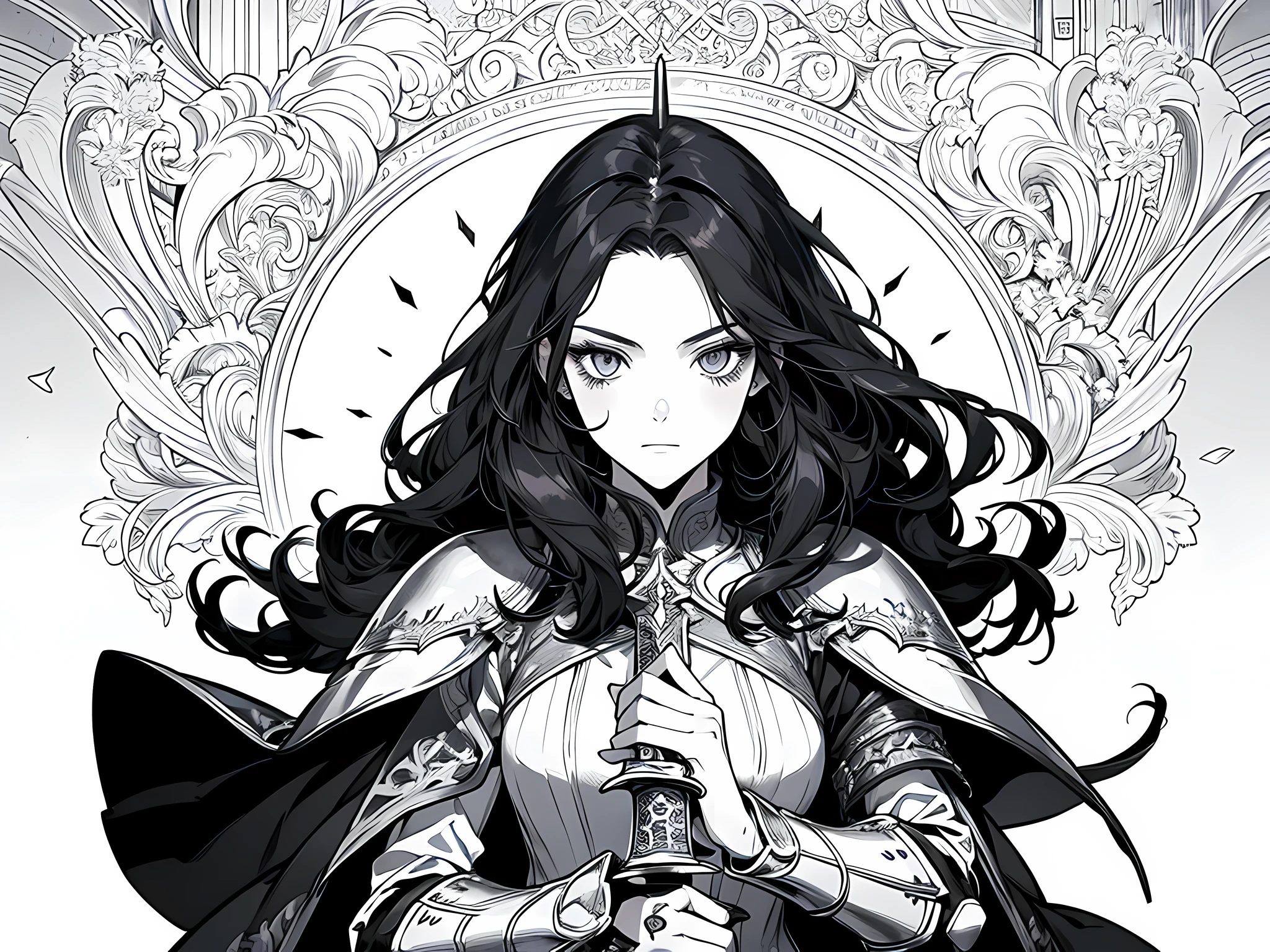 1 woman, wearing black knight outfit, holding a sword in her right hand, black hair, long hair, face to detail, detailed eyes, the background is inside a dungeon, perfect hands, monochrome (clear line, lineart), half body illustration
