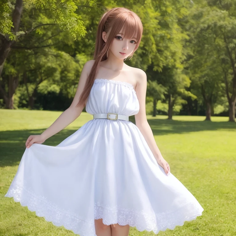 masterpiece++, best quality++, ultra-detailed+, extremely detailed++, 4K, 8K+, best quality, beautiful+, anime style,1person,full body image,summer,park,white lacefrill mini slipdress,narrow leather belt bound waist,very slim waist,beautiful straight pinkbrown hair,beautiful blue eyes, beautiful eyes++,long straight hair