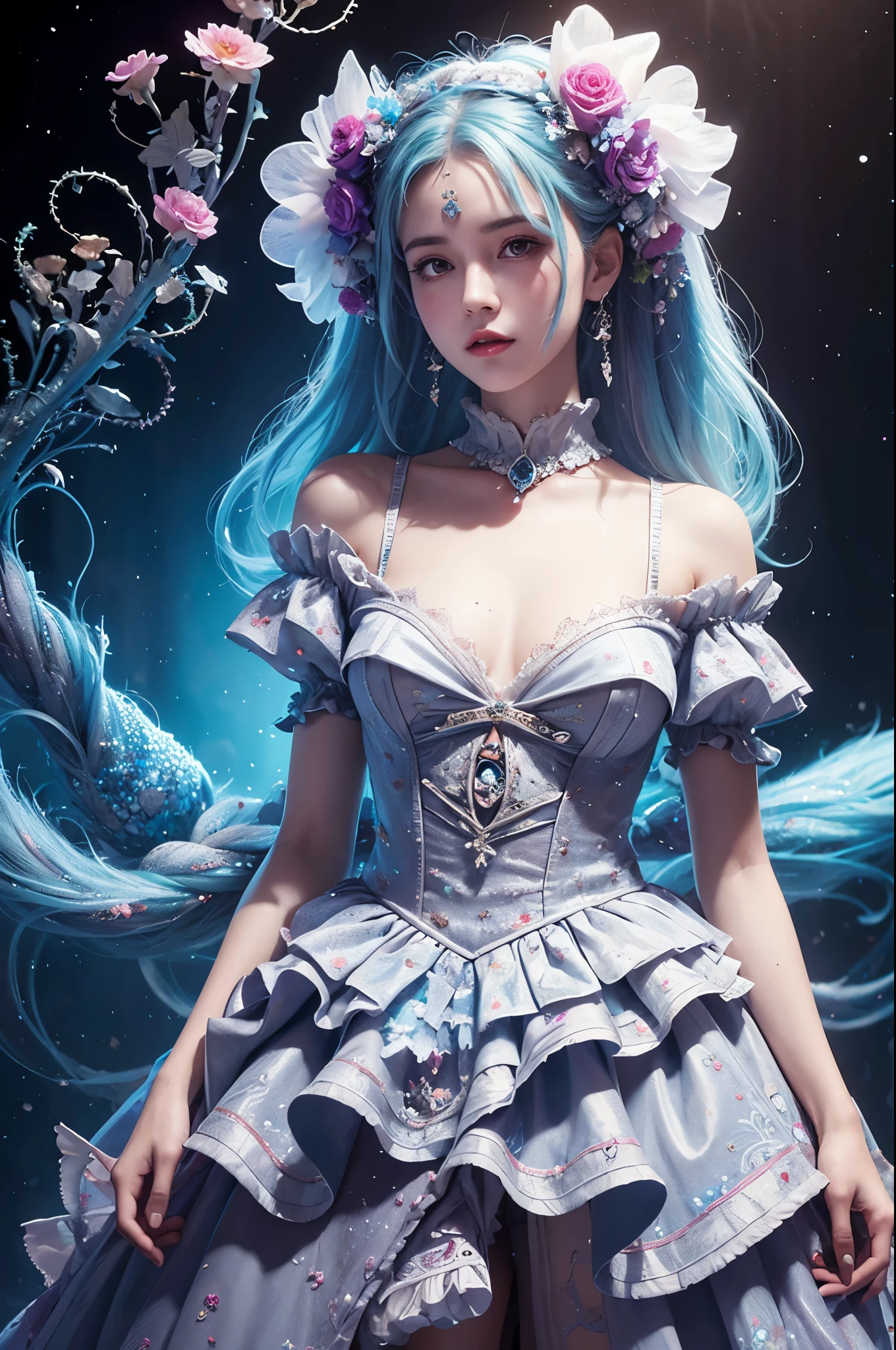 fog, light, dust, royal fractal, holographic cosmic flowers, illustration,(Lolita Costume Outfit)， mixed technique by Pablo Amaringo "Merriam, Nikolina Petolas, Peter Grik, Dariusz Klimczak, surreal hallucinatory, intricately detailed sharp focus", digital art, perfect composition, beautiful detailed, intricate, insanely detailed octane rendering trending on artstation, 8k art photography, photorealistic concept