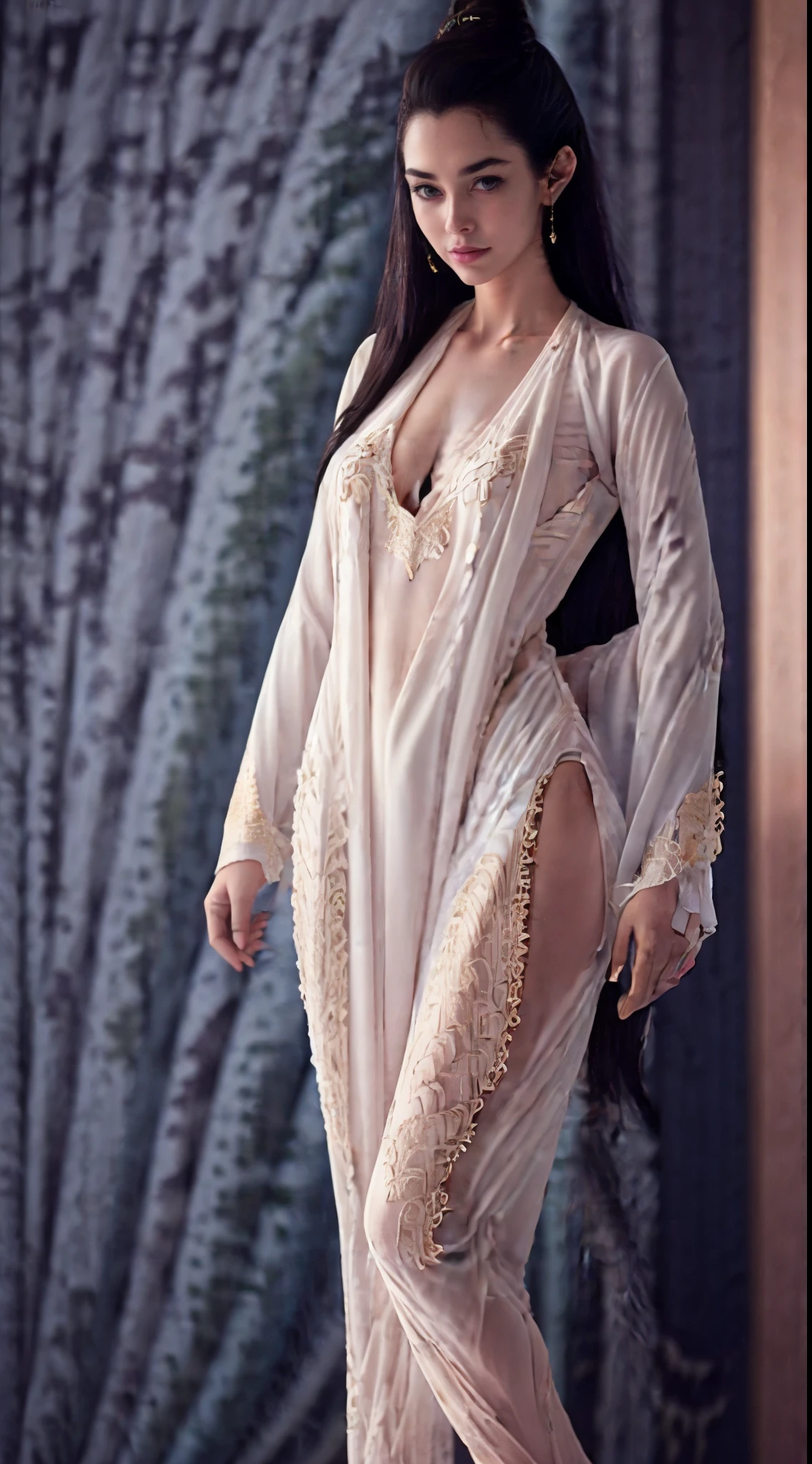 high quality, best quality, lifelike, original photo, actual, Hyper-realistic 8K CG, super detailed, HD, masterpiece, 1 girl, 18 years old ols, full body standing front portrait，beautiful woman， beautiful soft face, elegant, long hair, blue eyes, intricate details, Detailed texture, Exquisite details,, Female natural body, number，Supermodel body，Buttocks up，Full body frontal photo，Large open chest strap lace latex，Ripped jeans that hit the crooks of the legs，revealing buttocks，Looking into the distance，, Very beautiful young female face,perfect body proportions，Proportionally coordinated and accurate
