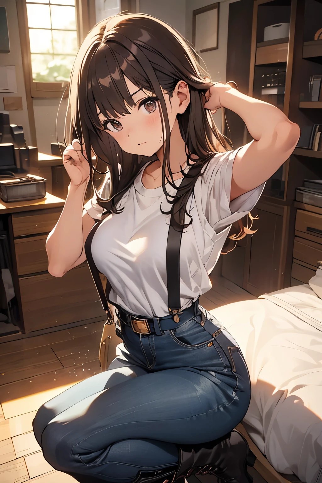 brown hair、looking at the viewer　　suspenders　　　Bulging big breasts　　 　 　　　　jeans　boots　　　　　Gaze　　　small face　bangs 　　　　　Beauty　　hands up　　 　Gaze 　黒いboots 　provocation　　armpit sweat　one person 　　put your hands behind your back　cutter shirt　　belt