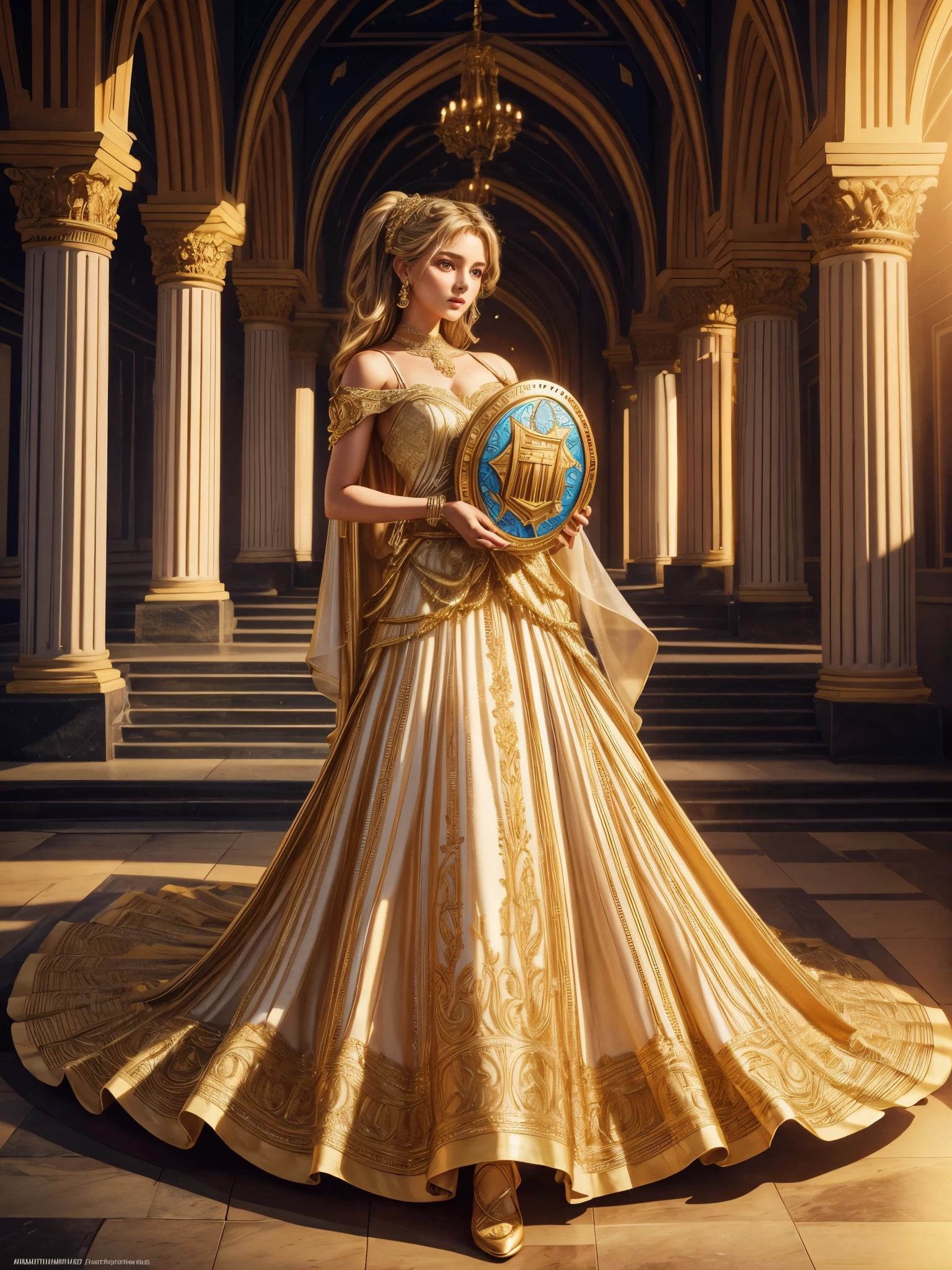 (best quality,4k,8k,highres,masterpiece:1.2),ultra-detailed,(realistic,photorealistic,photo-realistic:1.37),A girl with a prize shield standing on a podium,illuminated by studio lighting,gorgeous detailed eyes, emphasized lips,golden hair flowing down her back. The girl is wearing a beautiful dress with intricate embroidery,sparkling with vibrant colors. Her dress elegantly drapes down to the floor, with intricate ruffles and a long train. She holds a prize shield in her hands, decorated with intricate engravings and shining gemstones. The podium is made of polished marble, reflecting the vibrant colors of the surroundings. The scene is set in a grand hall, with tall pillars adorned with intricate carvings and beautiful paintings on the walls. The lighting creates a soft, ethereal glow, highlighting the girl and her prize. The atmosphere is filled with excitement and anticipation, as the girl enjoys her well-deserved victory.