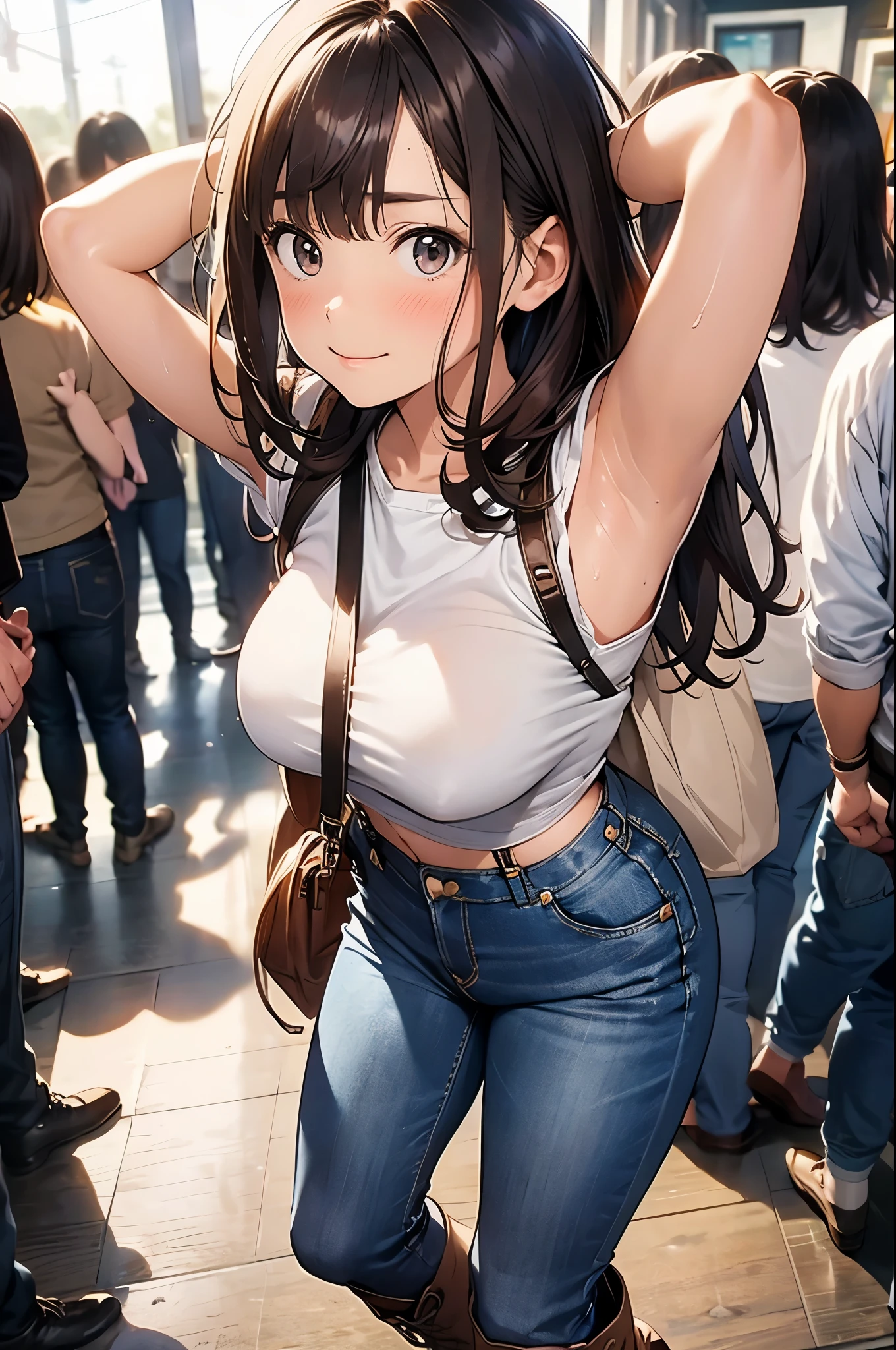 brown hair、looking at the viewer suspenders Bulging big breasts jeans boots Gaze small face bangs Beauty hands up Gaze 黒いboots provocation armpit sweat one person put your hands behind your back cutter shirt