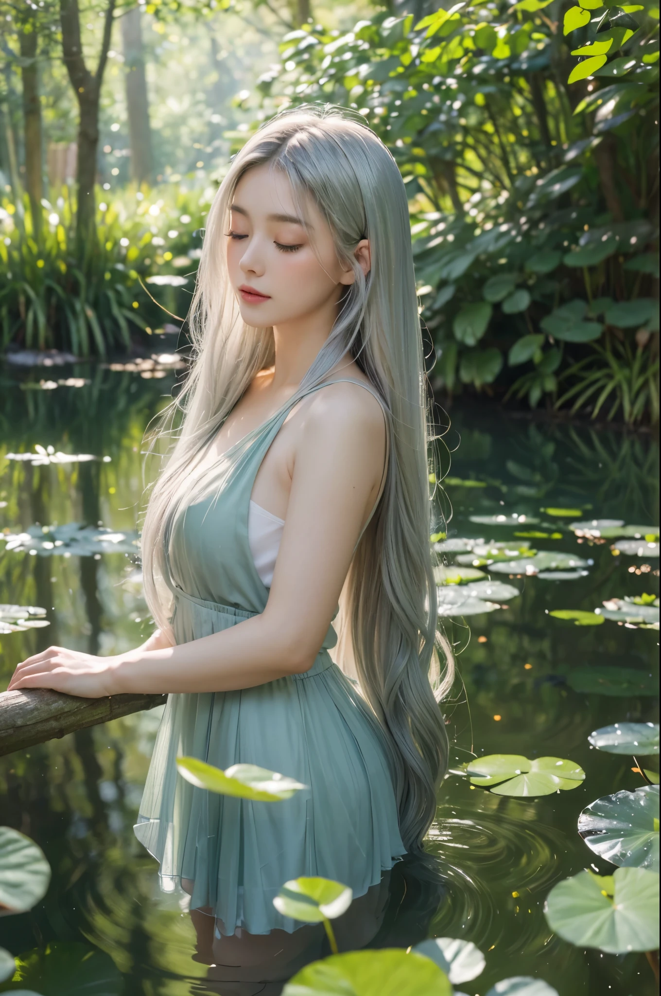 1fairy, in forest, standing in water, closed eyes, ((very long hair, silver hair)), Claude Monet's impressionist style, soft light dappling through leaves, dreamy watercolor texture, serene expression, water lilies nearby, gentle forest stream, palette of pastel colors, blurred background with impressionistic foliage, subtle reflections in water, light breezes stirring leaves, delicate and graceful, serenity of nature, impression of tranquility and peace, (best quality, highres, masterpiece:1.2), ultra-detailed, HDR, sharp focus, physically-based rendering, extreme detail description, vivid colors, bokeh, 4k, UHD,
lac3cut0ut3, 