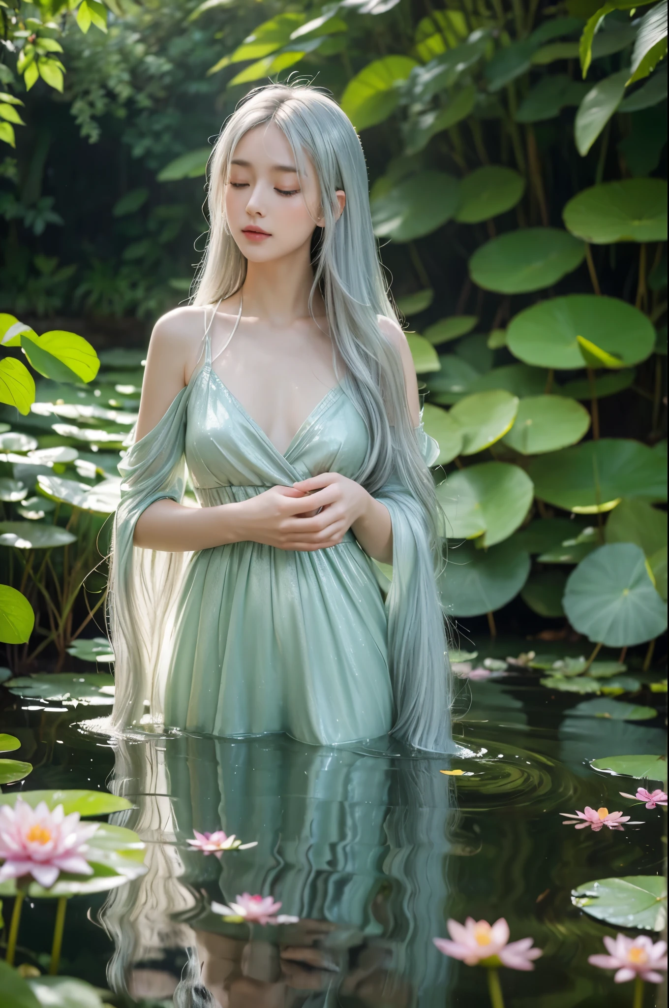 1fairy, in forest, standing in water, closed eyes, ((very long hair, silver hair)), Claude Monet's impressionist style, soft light dappling through leaves, dreamy watercolor texture, serene expression, water lilies nearby, gentle forest stream, palette of pastel colors, blurred background with impressionistic foliage, subtle reflections in water, light breezes stirring leaves, delicate and graceful, serenity of nature, impression of tranquility and peace, (best quality, highres, masterpiece:1.2), ultra-detailed, HDR, sharp focus, physically-based rendering, extreme detail description, vivid colors, bokeh, 4k, UHD,
lac3cut0ut3,