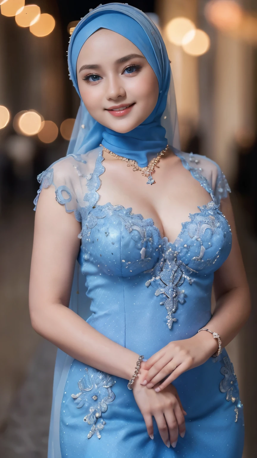 Beautiful, cute baby Face, ************ russian ****ta Girl, blue eyes, (wearing hijab) and sexy kebaya dress, Rounded small Breast, cleavage cutout, slightly Chubby , luxury necklace, White Skin, Smiling, Dark City Background, mid shot, upper body, Perfect Potrait, Bokeh Effect, Look at Viewer, Armpit, Perfect Eye, Perfect Hand, Perfect Finger, Bracelet, Ring, small breast, ((adorable:1.2)), ((masterpiece:1.1)), ((bokeh:1.2)),