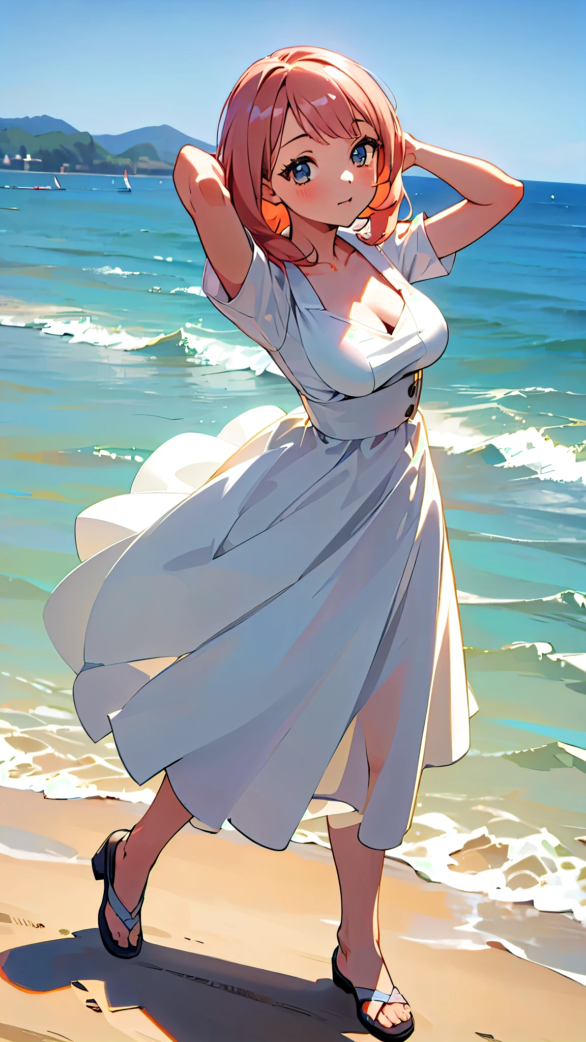 ((masterpiece, best quality)),very detailed, simple eyes, ((((outdoors,standing)))),(((medium breasts))),himari uehara, 1girl, (((dress))), (((beach))), (((pose from up))),