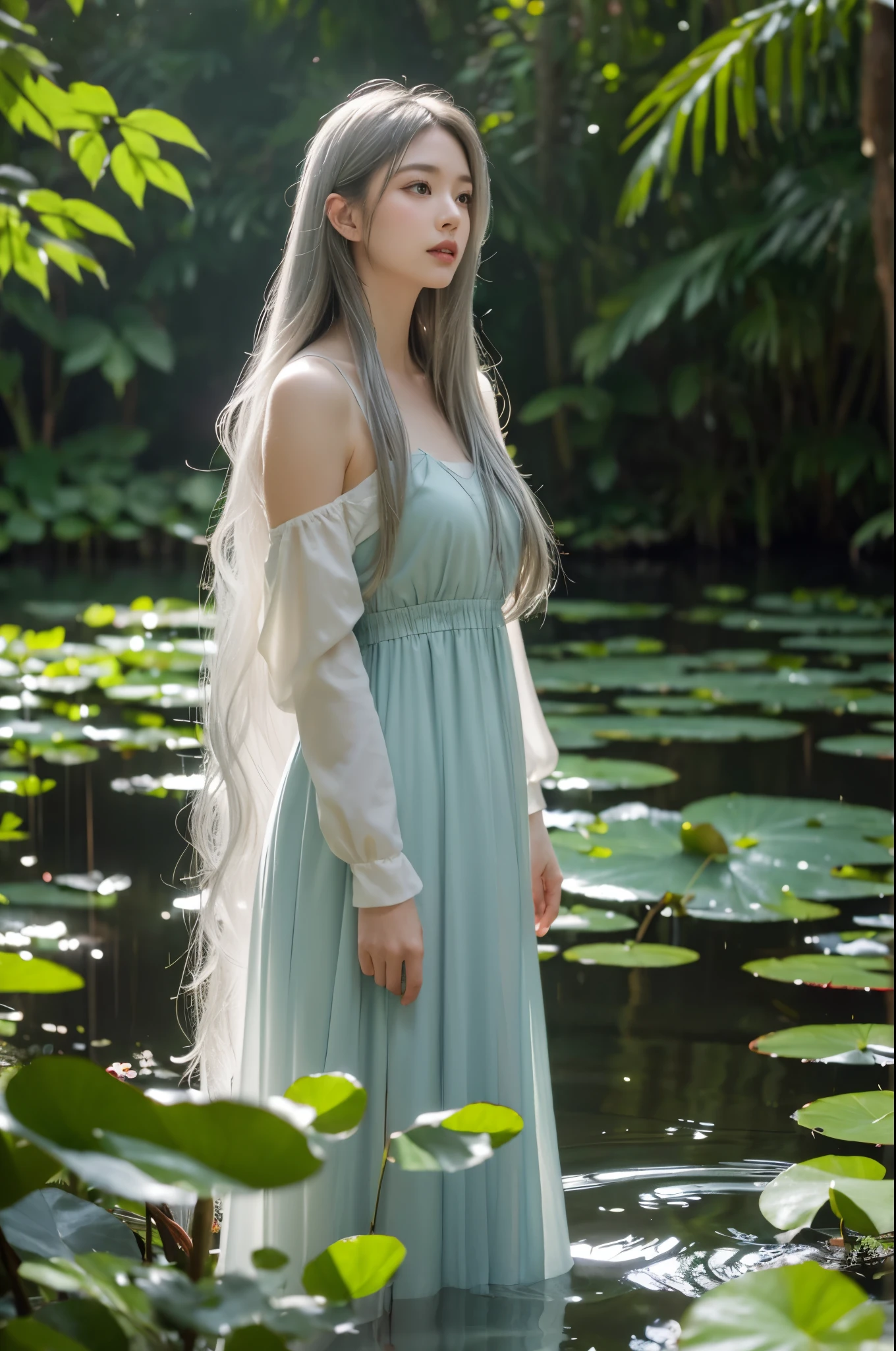 1fairy, in forest, standing in water,看著觀眾,美麗眼睛, ((very long hair, silver hair)), Claude Monet's impressionist style, soft light dappling through leaves, dreamy watercolor texture, serene expression, water lilies nearby, gentle forest stream, palette of pastel colors, blurred background with impressionistic foliage, subtle reflections in water, light breezes stirring leaves, delicate and graceful, serenity of nature, impression of tranquility and peace, (best quality, highres, masterpiece:1.2), ultra-detailed, HDR, sharp focus, physically-based rendering, extreme detail description, vivid colors, bokeh, 4k, UHD,
lac3cut0ut3,
