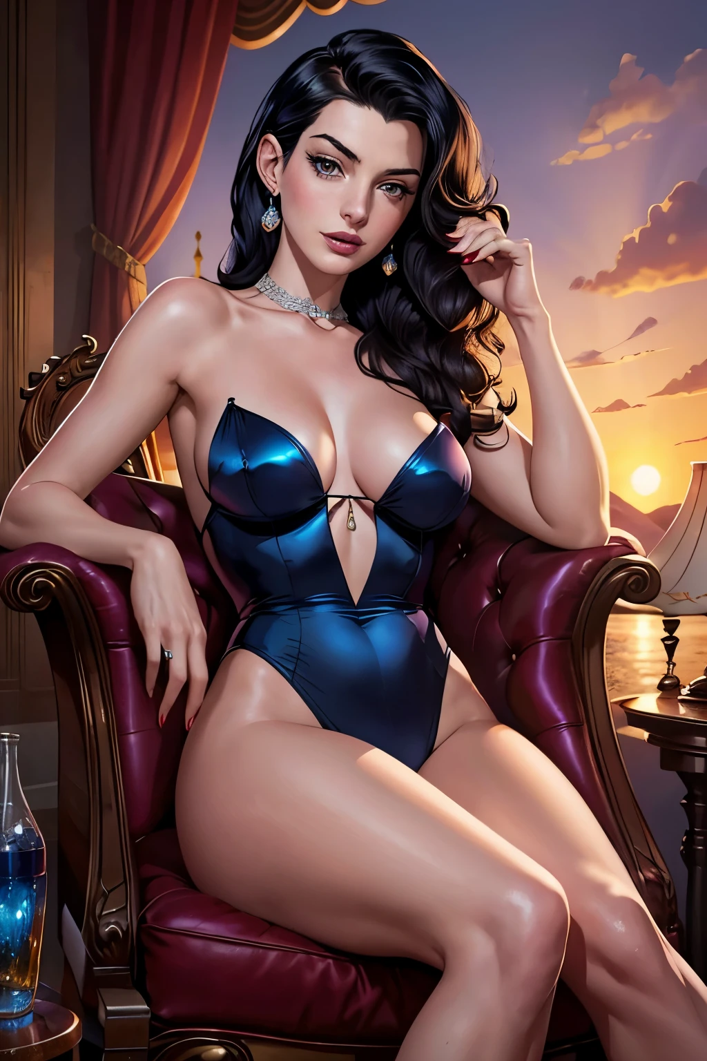 Anne Hathaway, reclined in a sapphire-hued chair, flirtatiously sips a classic Coke from a vintage glass bottle, her cherries-in-the-sunset lips leaving a glossy trail. Her alluring gaze is fixed on an unseen admirer, her raven hair cascading over her bare shoulders. The quintessential pin-up art comes to life in this hyper-detailed, colorfully vibrant artwork, capturing the essence of timeless glamour and seduction. 8k, stunning illustration, cinematic lighting.