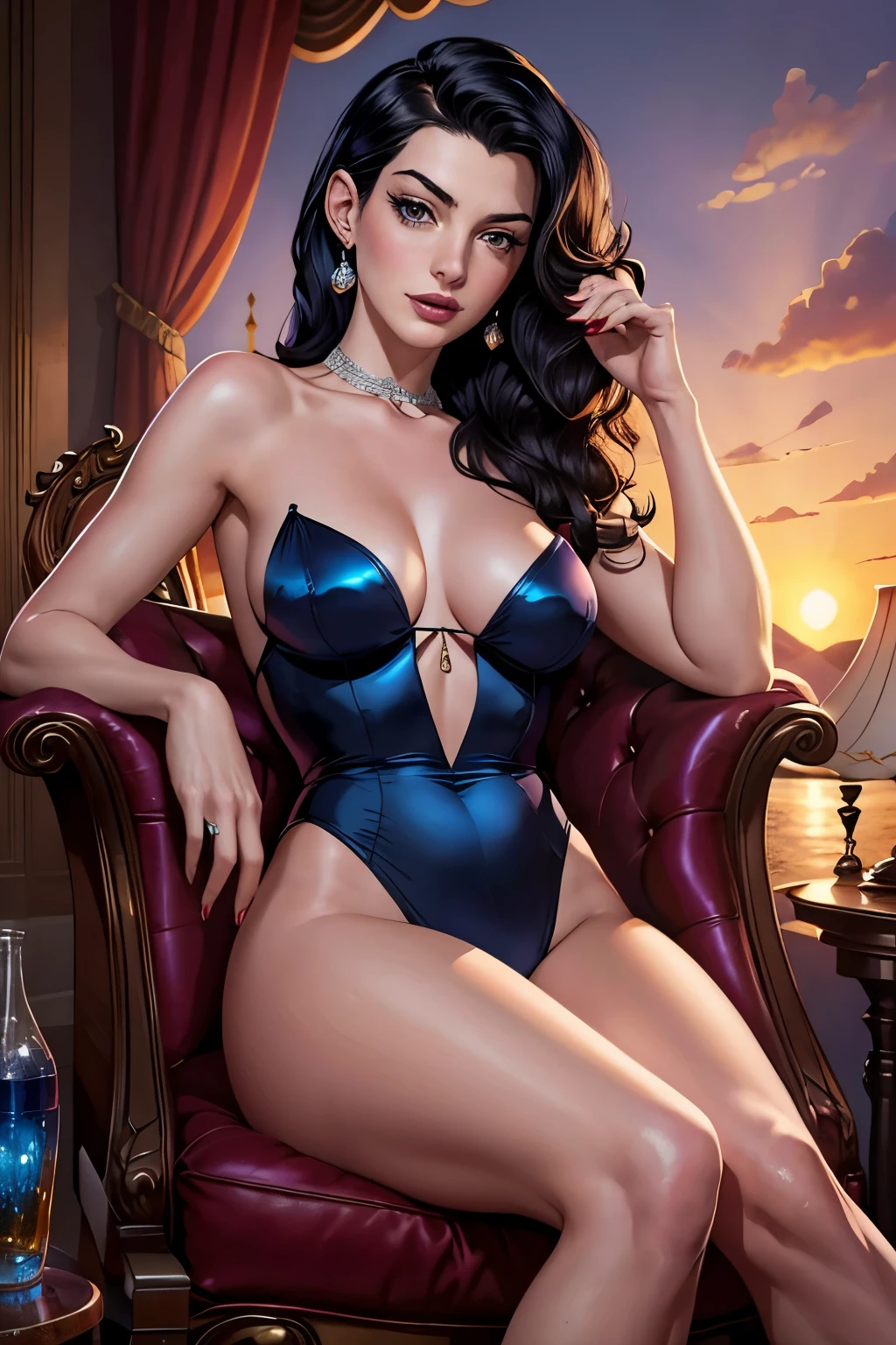 Anne Hathaway, reclined in a sapphire-hued chair, flirtatiously sips a classic Coke from a vintage glass bottle, her cherries-in-the-sunset lips leaving a glossy trail. Her alluring gaze is fixed on an unseen admirer, her raven hair cascading over her bare shoulders. The quintessential pin-up art comes to life in this hyper-detailed, colorfully vibrant artwork, capturing the essence of timeless glamour and seduction. 8k, stunning illustration, cinematic lighting.