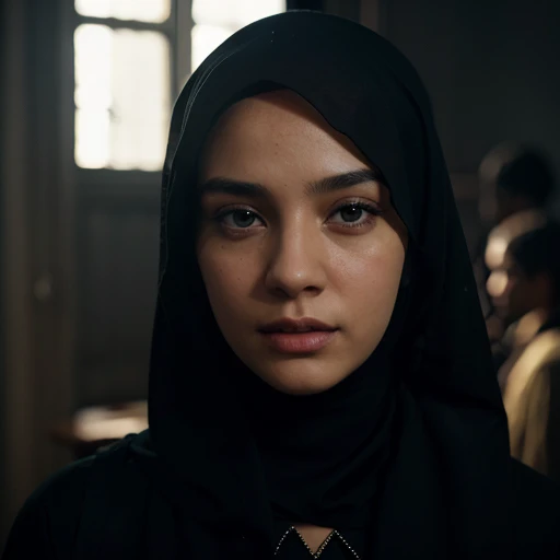 RAW photograph, best quality, masterpiece, an extremely delicate and beautiful, extremely detailed, CG, unity, 8k wallpaper, Amazing detailed, finely detailed, masterpiece, best quality, official art, extremely detailed CG unity 8k wallpaper, ultra-detailed, highres, extremely detailed, clear, focused, (best quality), (realistic, photo-realistic:1.6), 8k, soft lighting, high quality, cinematic lighting, 1girl, centered, wear hijab, long jubba thobbe, covered clothes, perfect fingers, detailed eyes