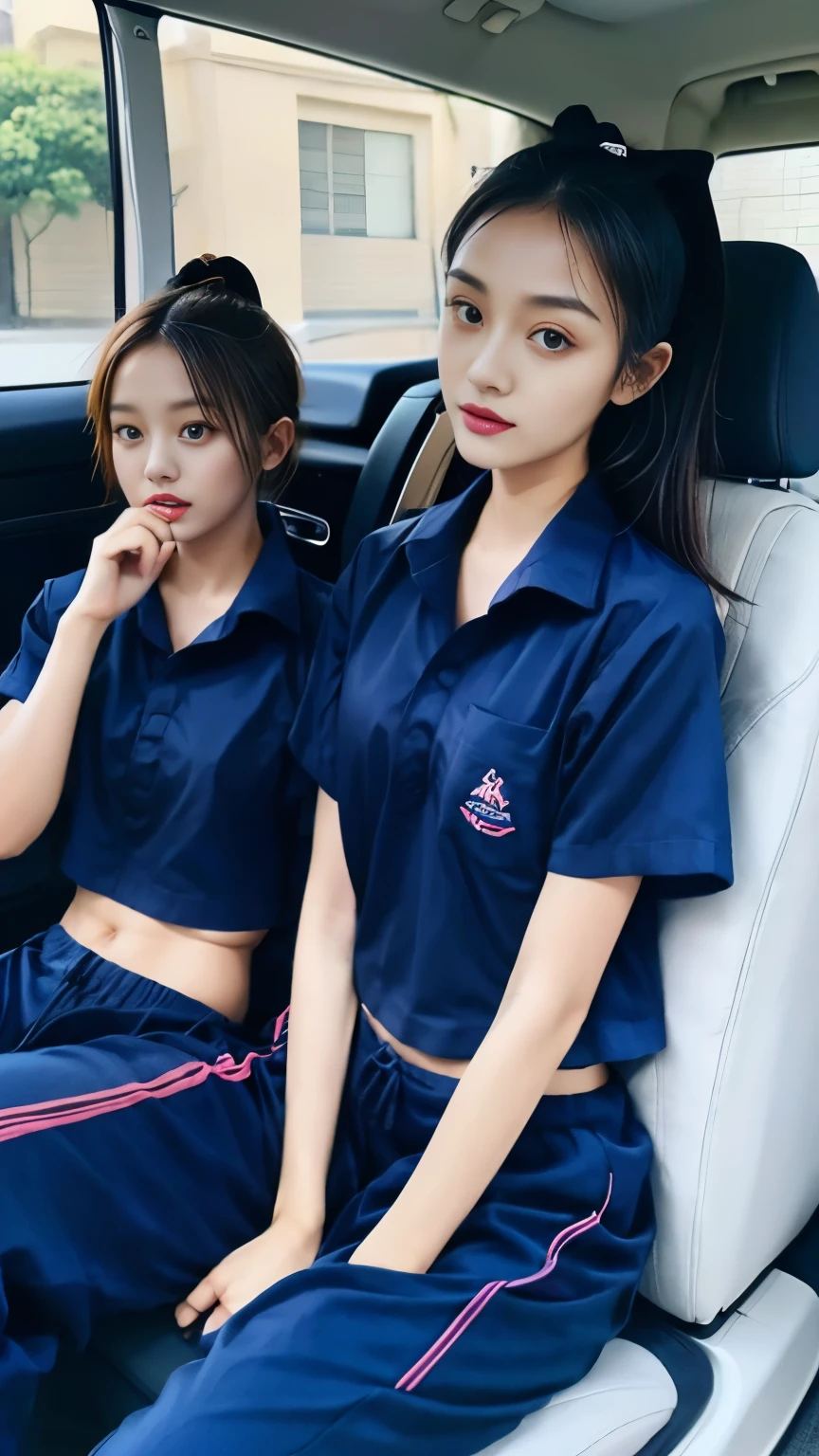 2 girls sitting in the car, Navy blue short-sleeved shirt,Navy Long Trackpant,Sweatpants, Sweatpantsขายาว,25 year old girl, lesbian, sexy, exercise clothes