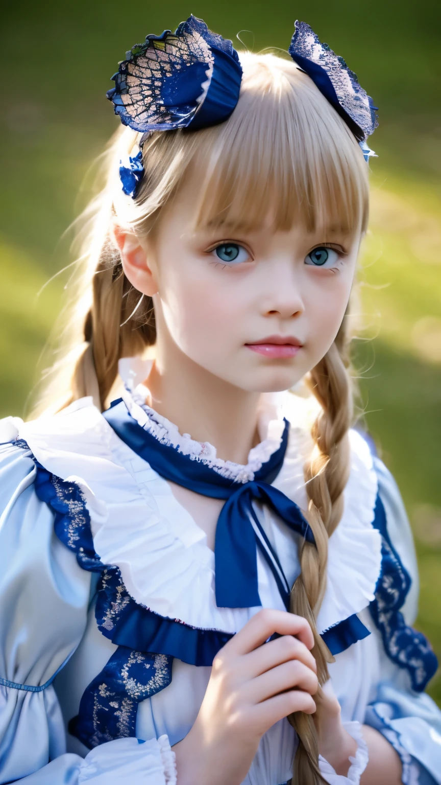 highest quality, masterpiece, highest resolution, artwork, super be familiar with, many detailed, detailed, be familiar with,woman, ((10 years old,))european,Noble Lady,blonde,blue eyes,wear luxurious clothes with frills and ribbons,((medium dress lolita fashion)),((The whole body is reflected)),