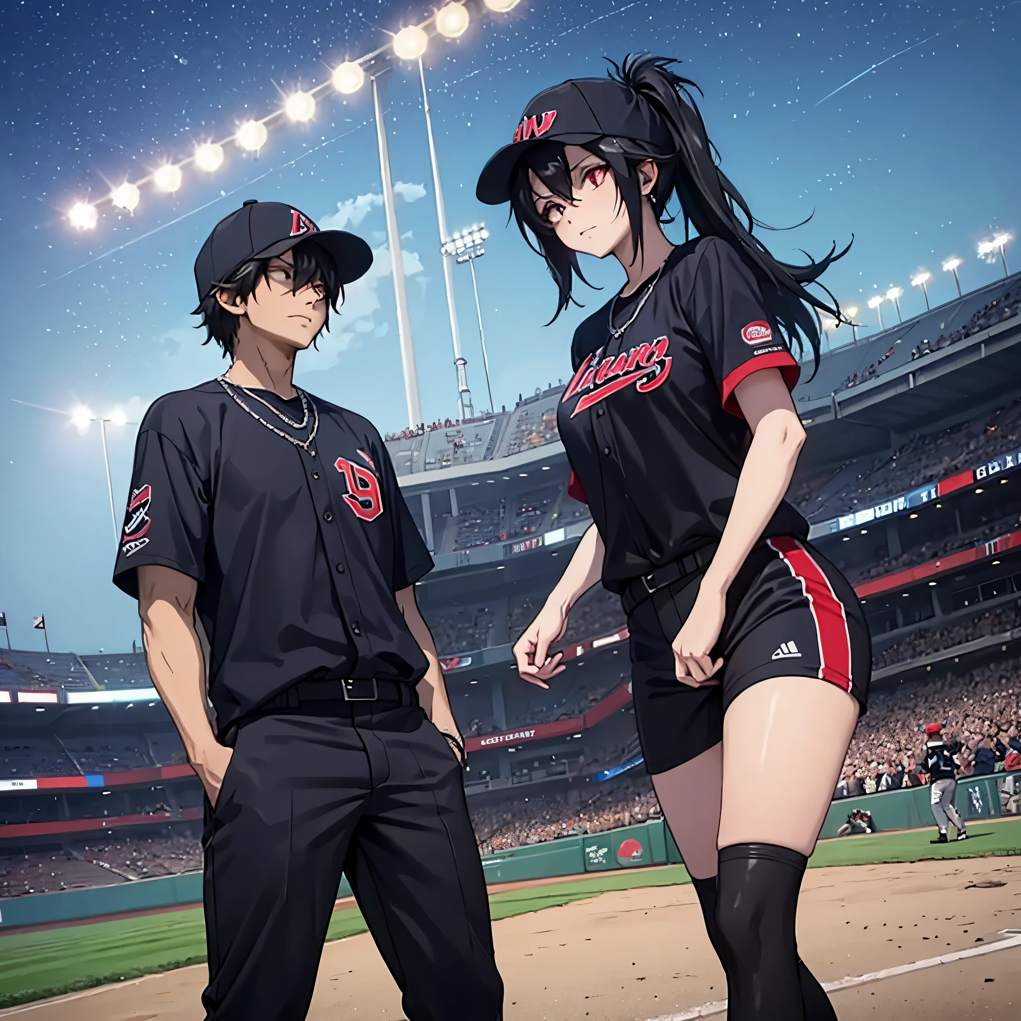 A man in a black baseball outfit together with a woman (eye red) in a baseball outfit on the baseball field at night