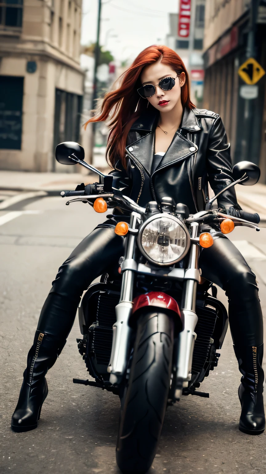 masterpiece, light makeup, red lips, red hair, messy long hair, pure background, beautiful, elegant. Ultra-fine details, masterpieces, realistic textures, realistic cinematic lighting, perfect work, 8k, HD, delicate facial features, full body, Biker jacket, Boots, Goggles, Straddling a motorcycle pose, Rugged expression