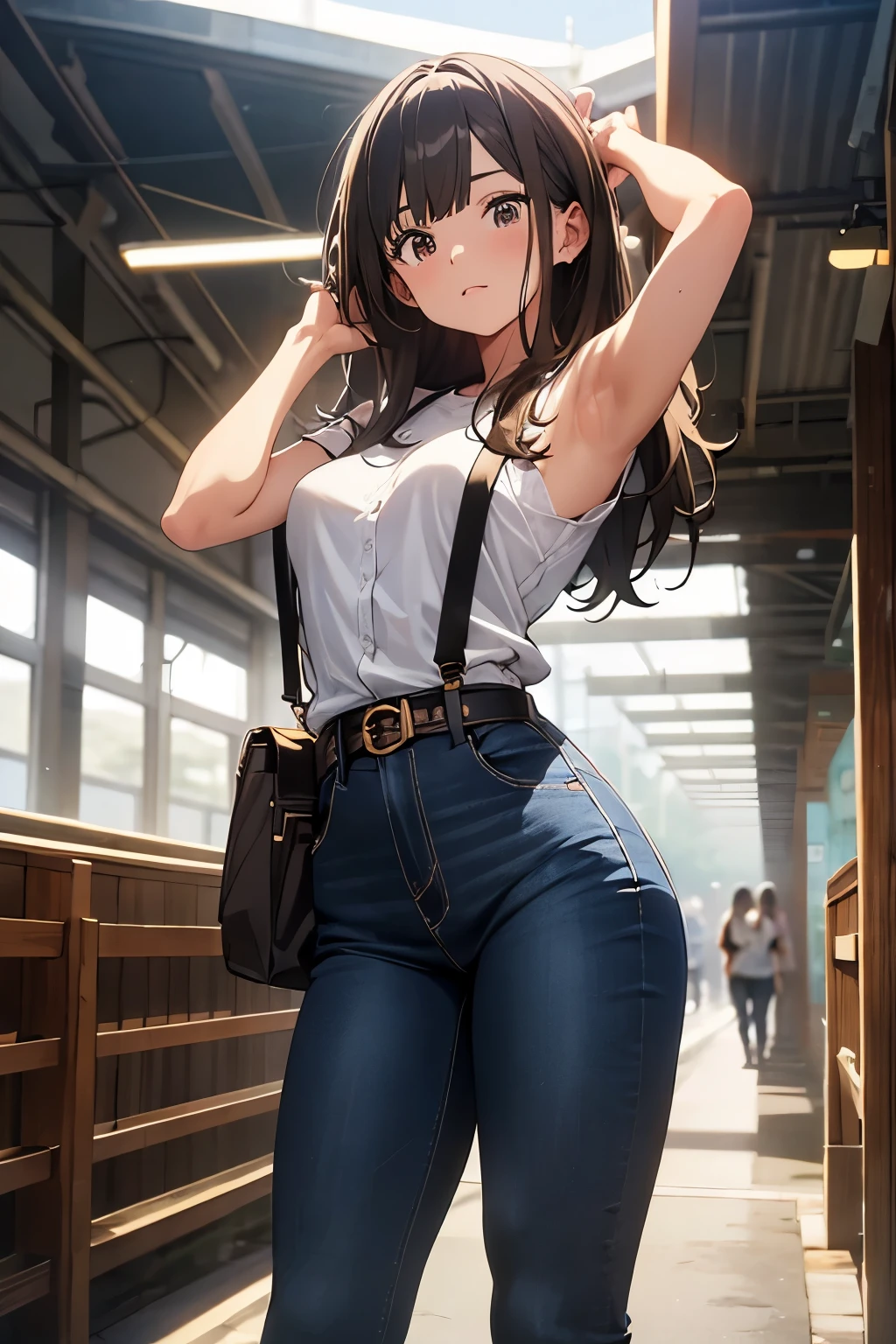 brown hair、looking at the viewer　　suspenders　　　Bulging big breasts　　 　 　　　　jeans　boots　　　　　Gaze　　　small face　bangs 　　　　　Beauty　　hands up　　 　Gaze 　黒いboots 　provocation　　armpit sweat　one person 　　put your hands behind your back　cutter shirt　　belt