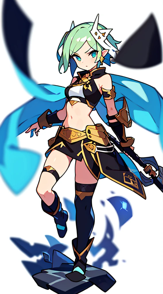 solo female, midriff, (((blurry background))), (((white background))), character focus, fantasy clothes, standing, armlet, character design,