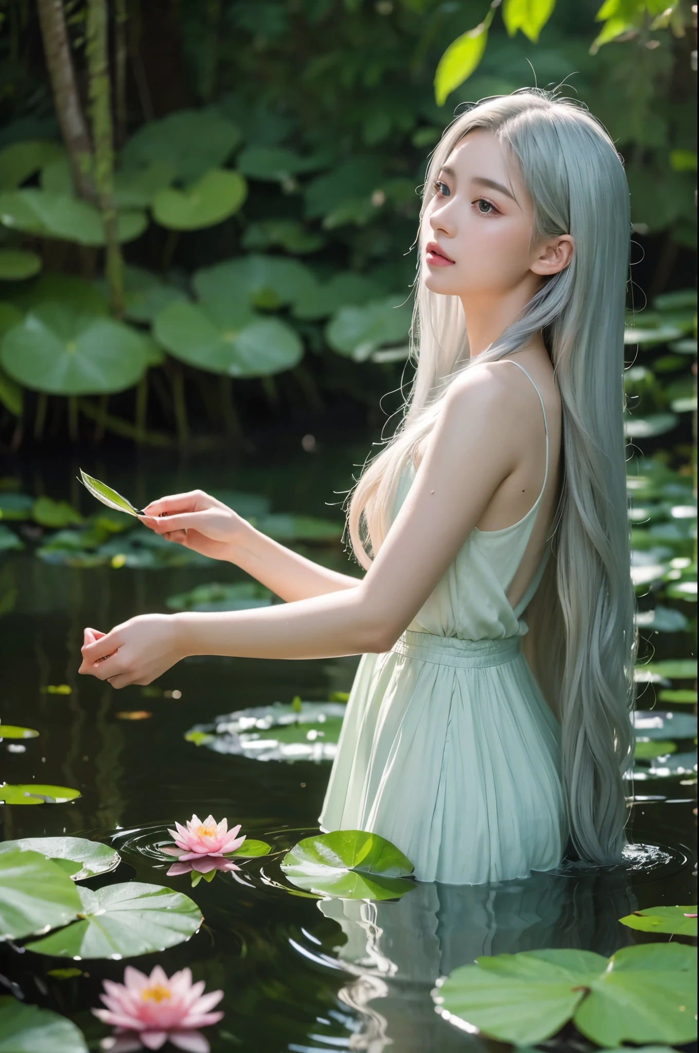 1fairy, in forest, standing in water,Looking at the audience, beautiful eyes, ((very long hair, silver hair)), Claude Monet's impressionist style, soft light dappling through leaves, dreamy watercolor texture, serene expression, water lilies nearby, gentle forest stream, palette of pastel colors, blurred background with impressionistic foliage, subtle reflections in water, light breezes stirring leaves, delicate and graceful, serenity of nature, impression of tranquility and peace, (best quality, highres, masterpiece:1.2), ultra-detailed, HDR, sharp focus, physically-based rendering, extreme detail description, vivid colors, bokeh, 4k, UHD,
lac3cut0ut3,