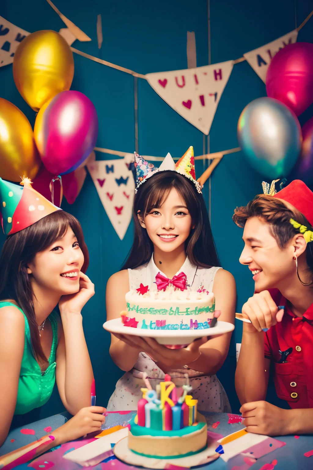 A girl who celebrates three people with birthday cake