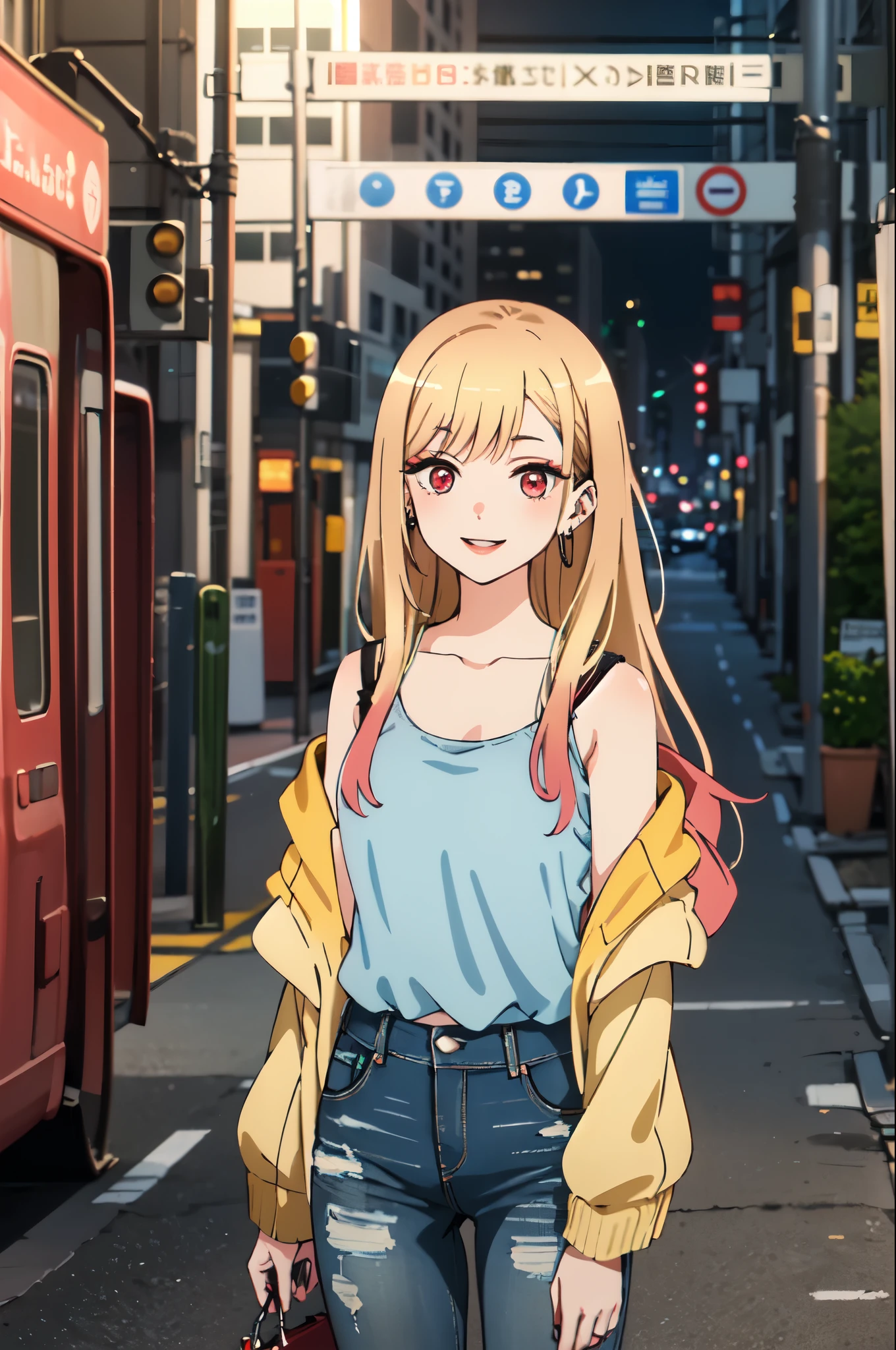 highest quality, (masterpiece:1.2), become familiar with,
Kitagawa Marine SB,
1 girl, alone, close your mouth, smile, lips long hair, blonde hair, red eyes, colorful hair, earrings,
Are standing, looking at the viewer、clavicle、city、white tank top、jeans、pastel colored winter outerwear