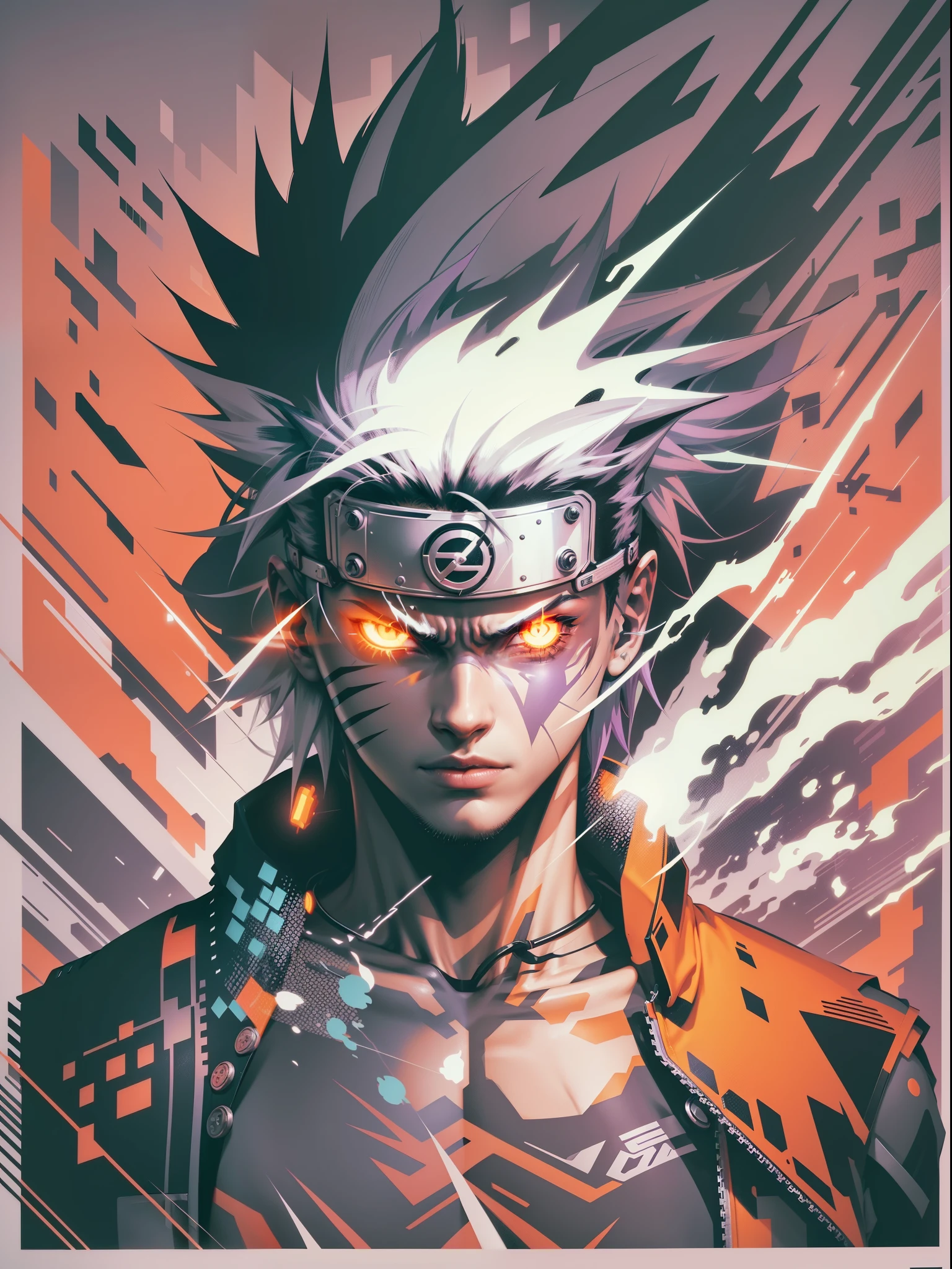 graphic design t-shirt, flat design, futuristic cyberpunk naruto in mix of tones, topless,,  topless, flashing , big , metal skin, laser beams, purple emissive eyes, colorful tones, clean highly detailed, vector image, smoke explosion, simple background, flat white background, bright vector ((white background) )