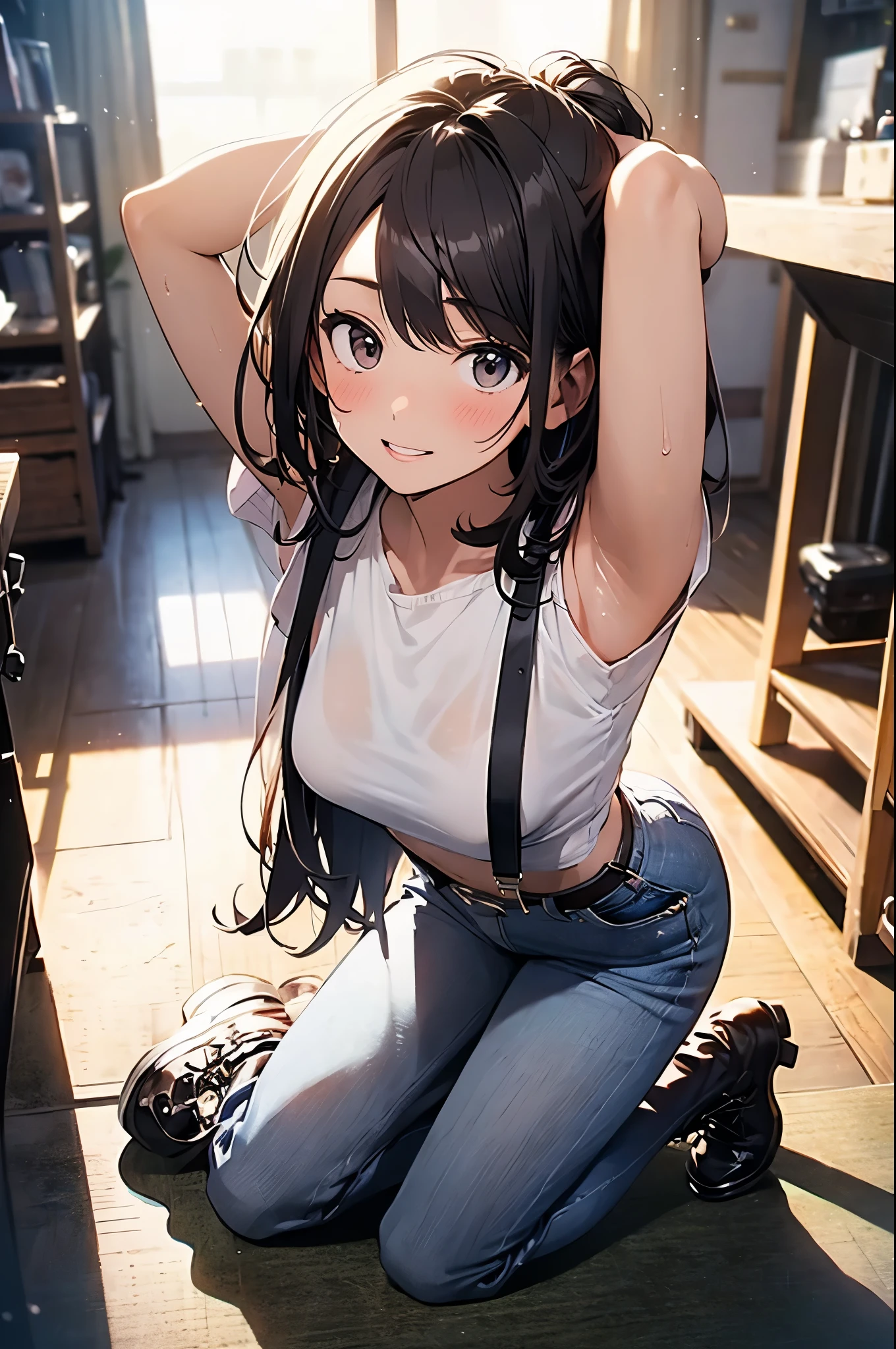 brown hair、looking at the viewer suspenders Bulging big breasts jeans boots Gaze small face bangs Beauty hands up Gaze 黒いboots provocation armpit sweat one person put your hands behind your back cutter shirt belt