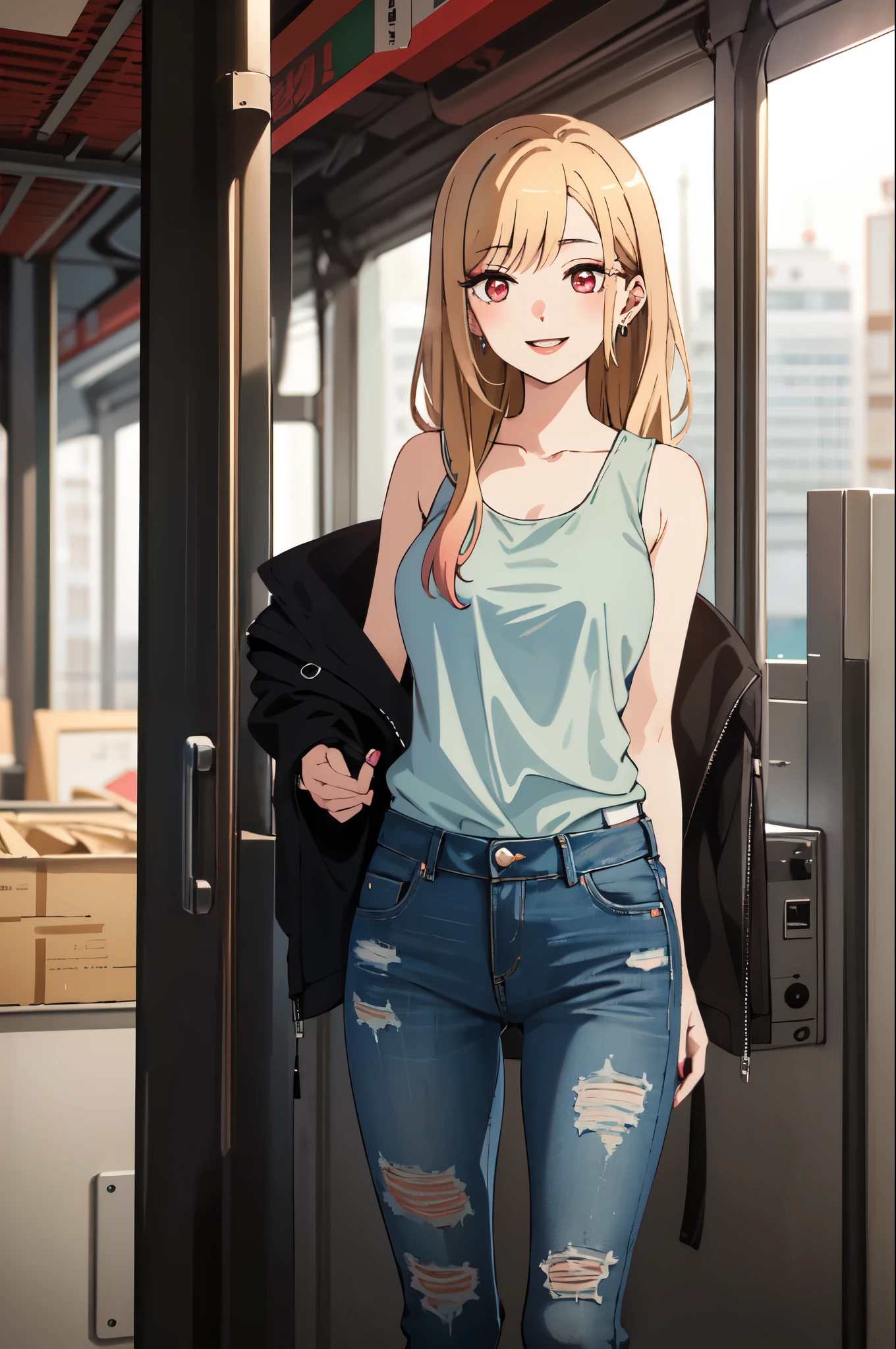 highest quality, (masterpiece:1.2), become familiar with,
Kitagawa Marine SB,
1 girl, alone, close your mouth, smile, lips long hair, blonde hair, red eyes, colorful hair, earrings,
Are standing, looking at the viewer、clavicle、city、white tank top、jeans、pastel colored winter outerwear