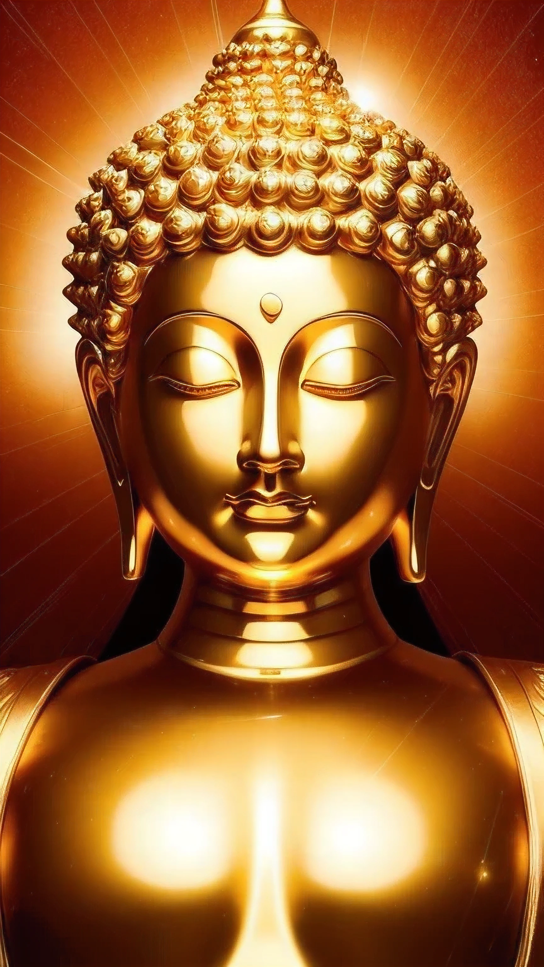 Golden Buddha statue with a shining halo, ((head shoto)), (upper body)buddhism, the buddha, budista, Buddha, samsara, Enlightenment, beautiful gold saint, Spiritual enlightenment, Pushkaraka, Enlightenment, buddhist art, Shining golden aura, Enlightenment. Convoluted, on path to enlightenment, on path to enlightenment, center of photo, radiating golden light, face forward, upper body, put on robe, face close up, head shot, front view, eyes wide open, opening eyes,front viewing, open eyes