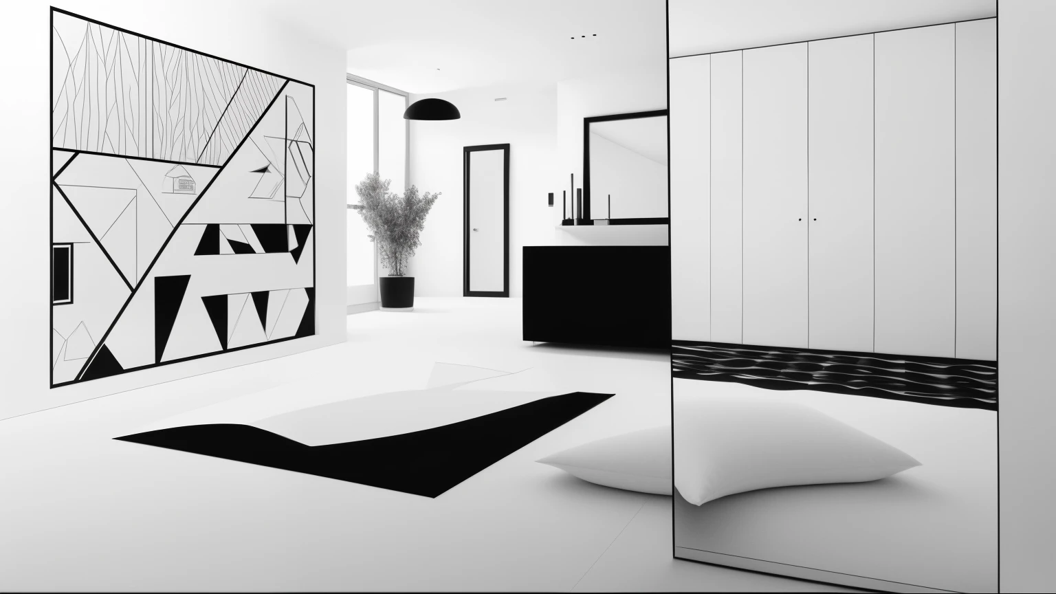 Black and white flat composition，Big perspective，There are interspersed，laminated，Obvious black and white gray effect，