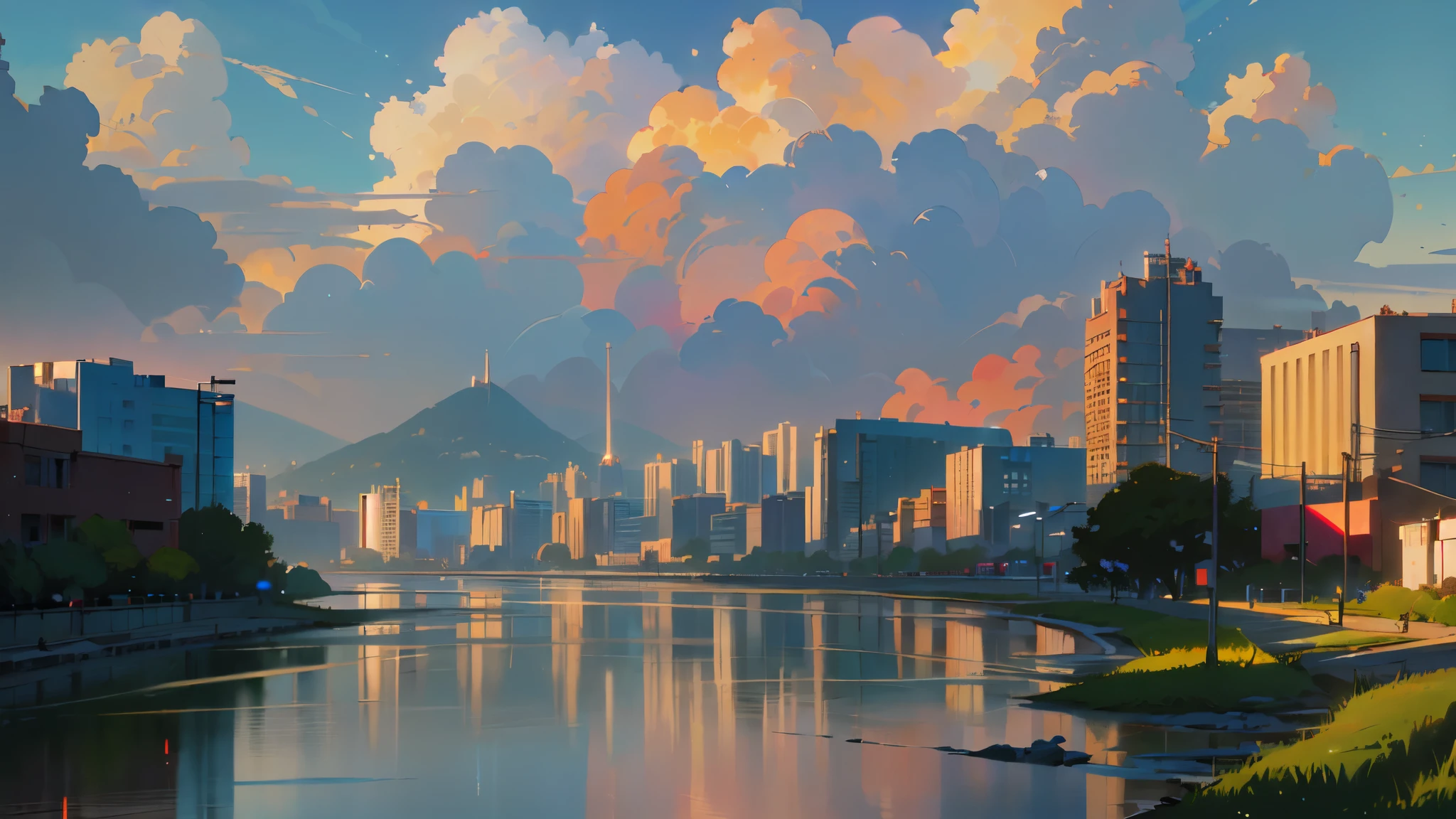 painting of a river with buildings and a sky background, style of makoto shinkai, anime landscape, rio de janeiro in an anime film, octane render. by makoto shinkai, in style of makoto shinkai, anime style cityscape, anime scenery concept art, painted in anime painter studio, studio glibly makoto shinkai, 4 k digital painting