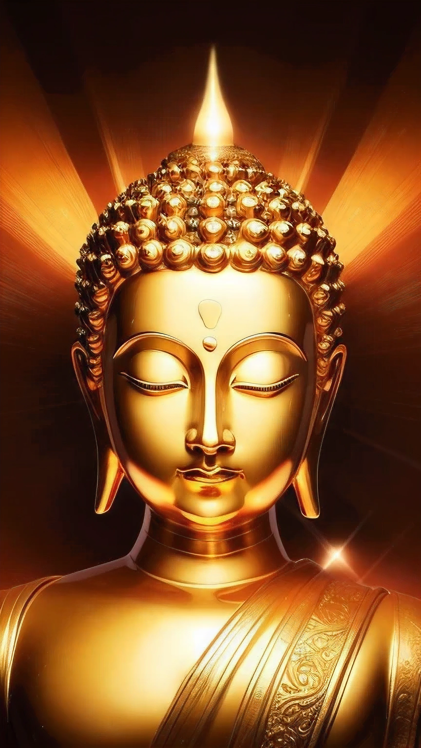 Golden Buddha statue with a shining halo, ((head shoto)), (upper body)buddhism, the buddha, budista, Buddha, samsara, Enlightenment, beautiful gold saint, Spiritual enlightenment, Pushkaraka, Enlightenment, buddhist art, Shining golden aura, Enlightenment. Convoluted, on path to enlightenment, on path to enlightenment, center of photo, radiating golden light, face forward, upper body, put on robe, face close up, head shot, front view, eyes wide open, opening eyes,front viewing, open eyes