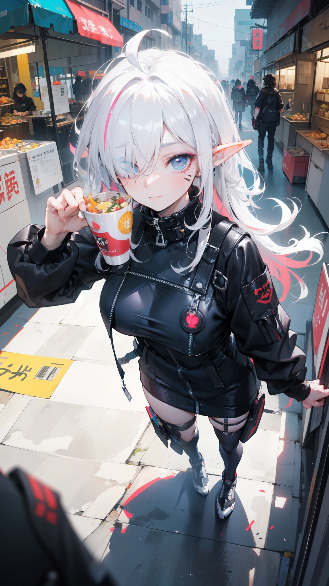 ((masterpiece )), (top quality), (best quality), ((ultra-detailed, 8k quality)), Aesthetics, Cinematic lighting, (detailed line art), Beautiful digital artwork, Exquisite digital illustration, absurdres, (best composition), (high-resolution), 
BREAK,
shy elf girl, (a softly beautiful young elf woman, she brings another food from Food stall), (((from above, perspective))), (((serving food))), ((bringing food to the Stall spring festival)), ((lithe and graceful physique)), (black harajuku fashion, wearing techwear, wearing cyberpunk streetwear, techwear, cyberpunk techwear streetwear look and clothes, we can see them from feet to head, highly detailed and intricate, golden ratio), cheerful spring lighting, (outdoors at the crowded Square village festival, futuristic village, cyberpunk setting, cyberpunk Style, village landscape), celebration!, (blurry, depth of field), sharp focus, artstation, concept art, illustration in cyberpunk style by Yoji Shinkawa, by Mikimoto Haruhiko, 
BREAK,
highly detailed of (elf), (1girl), solo, perfect face, details eye, cyber_mark, facial mark, ahoge, ((long hair:1.2)), (hair over one eye:1.3), [[Messy hair]], (blonde white hair, multicolored hair), yellow eyes, glowing eyes, (eyelashes, eyeshadow, pink eyeshadow), smiling shyly, design art by Mikimoto Haruhiko, by Kawacy, By Yoshitaka Amano,
BREAK, 
((perfect anatomy)), nice body, medium breast, (extremely detailed finger), (perfect hands), perfect face, beautiful face, beautiful eyes, perfect eyes, (perfect fingers), correct anatomy,