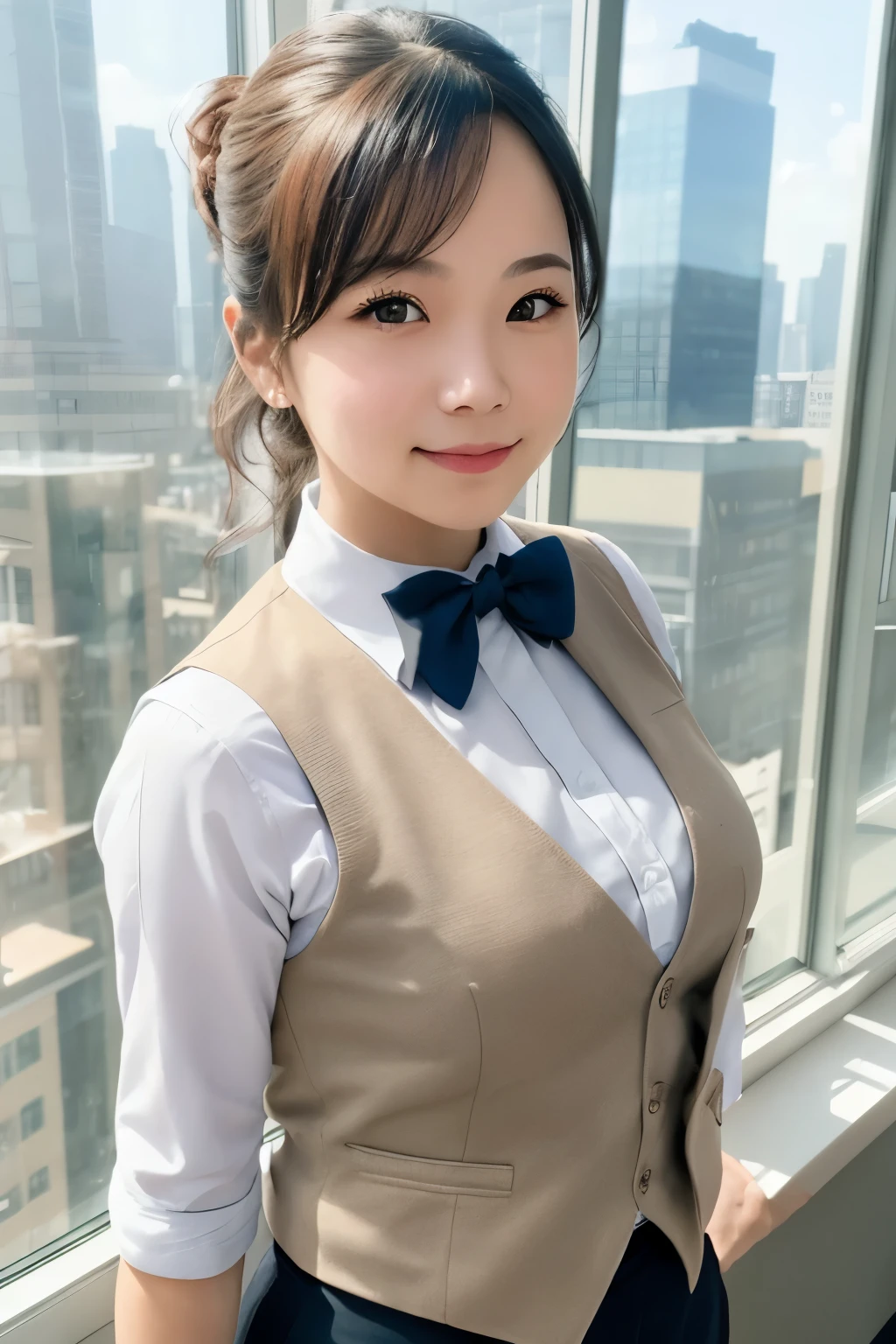 1girl, matured female, vest, bow, photo, realistic, best quality, hires, detailed face, office, buildings from window, detailed background, diffused sunlight, depth of field, bokeh