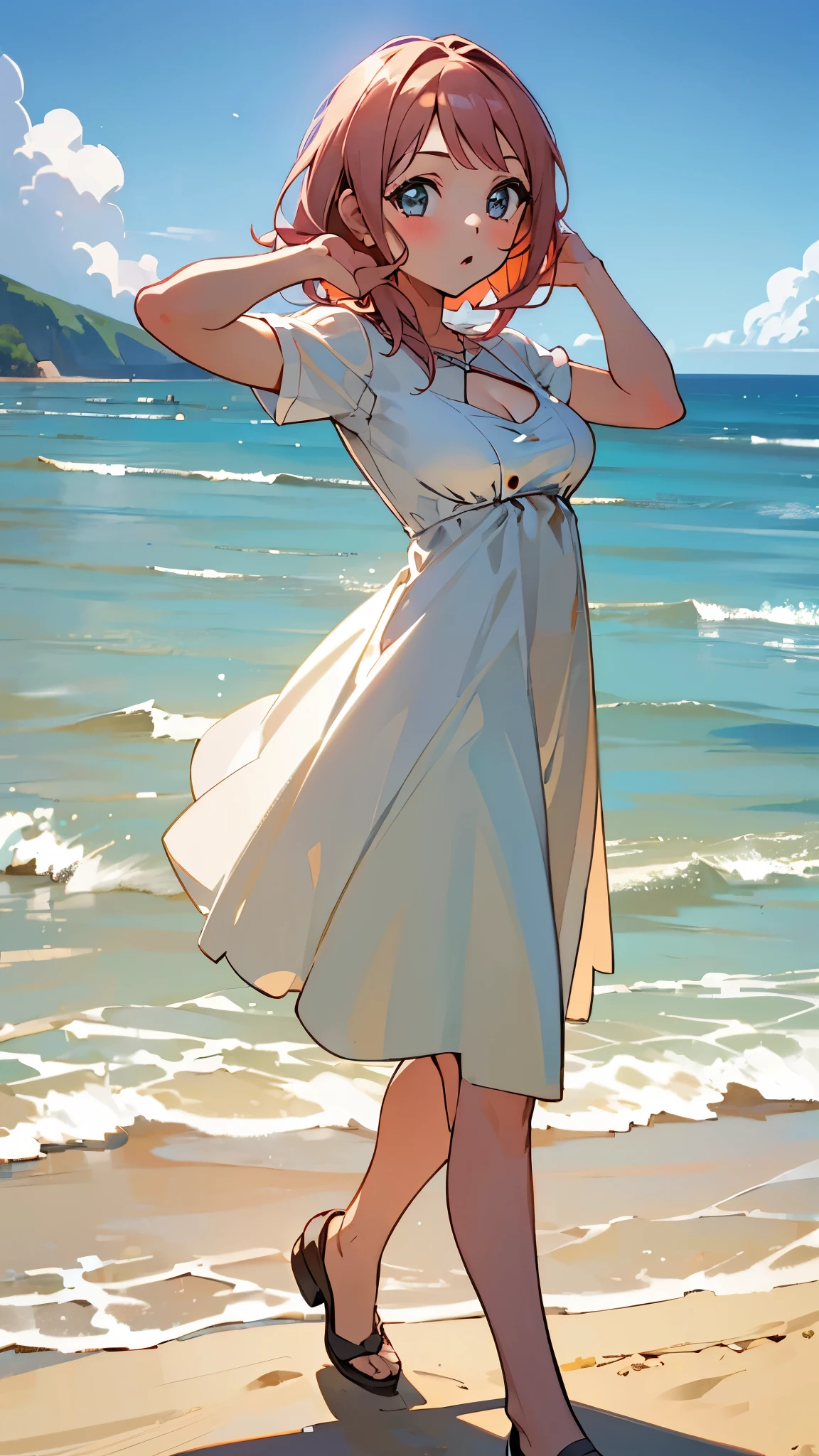 ((masterpiece, best quality)),very detailed, simple eyes, ((((outdoors,standing)))),(((medium breasts))),himari uehara, 1girl, (((dress))), (((beach))), (((pose from up))),