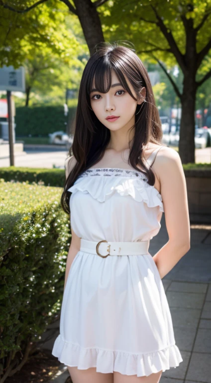 masterpiece++, best quality++, ultra-detailed+, extremely detailed++, 4K, 8K+, best quality, beautiful+, anime style,1person,full body image,summer,park,white lacefrill mini slipdress,narrow leather belt bound waist,very slim waist,beautiful straight black hair,beautiful black eyes, beautiful eyes++,long straight hair