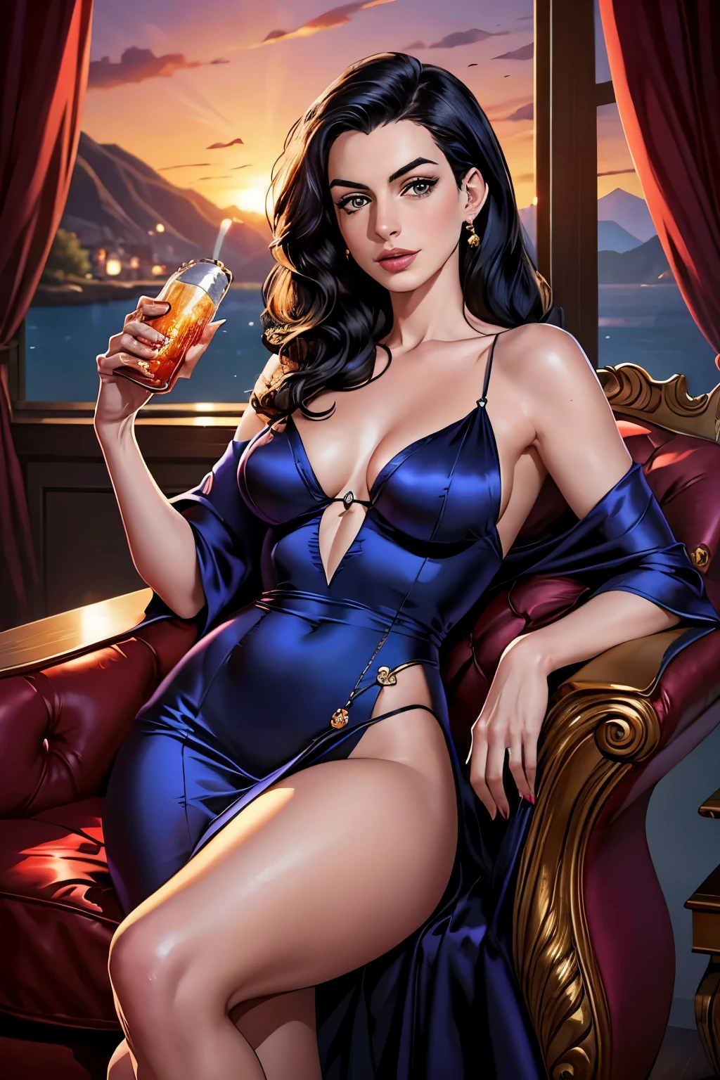 Anne Hathaway, reclined in a sapphire-hued chair, flirtatiously sips a classic Coke from a vintage glass bottle, her cherries-in-the-sunset lips leaving a glossy trail. Her alluring gaze is fixed on an unseen admirer, her raven hair cascading over her bare shoulders. The quintessential pin-up art comes to life in this hyper-detailed, colorfully vibrant artwork, capturing the essence of timeless glamour and seduction. 8k, stunning illustration, cinematic lighting.