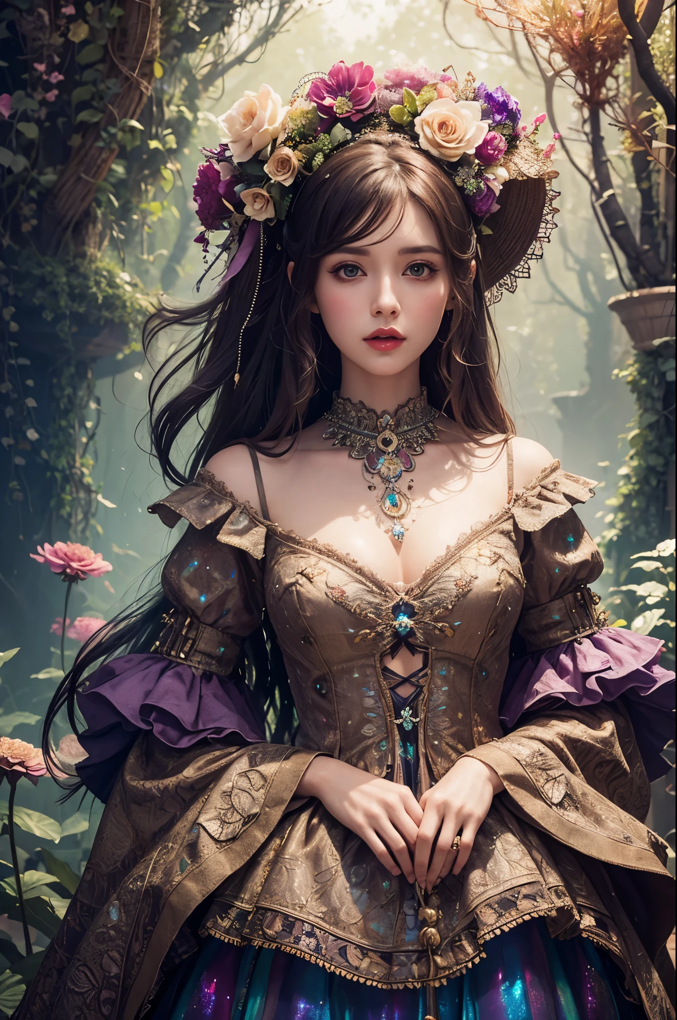 fog, light, dust, royal fractal, holographic cosmic flowers, illustration, mixed technique by Pablo Amaringo "Merriam, Nikolina Petolas, Peter Grik, Dariusz Klimczak, surreal hallucinatory, intricately detailed sharp focus", digital art, perfect composition, beautiful detailed, intricate, insanely detailed octane rendering trending on artstation, 8k art photography, photorealistic concept,Lolita Costume Outfit,