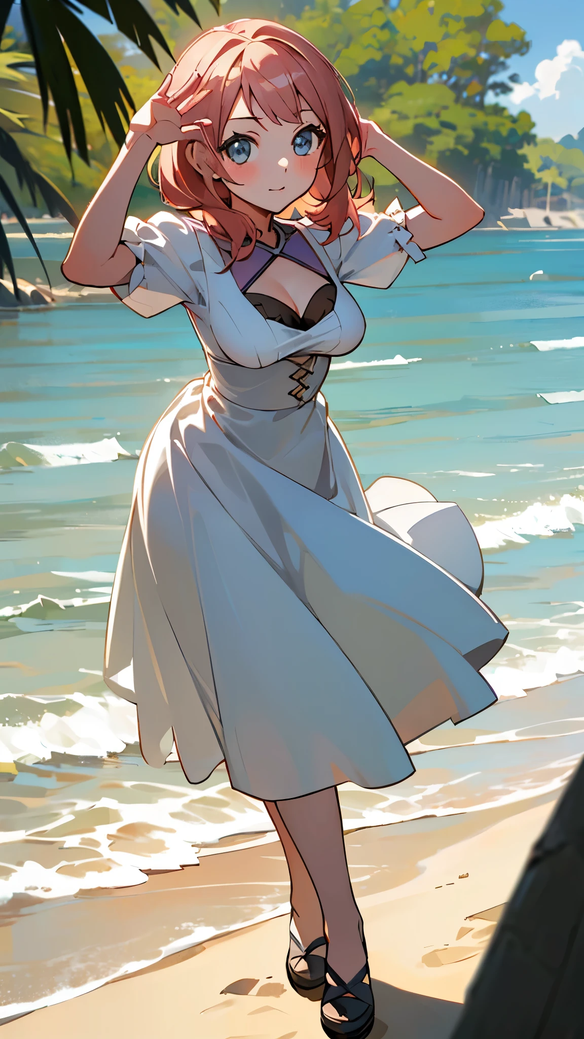 ((masterpiece, best quality)),very detailed, simple eyes, ((((outdoors,standing)))),(((medium breasts))),himari uehara, 1girl, (((dress))), (((beach))), (((pose from up))),