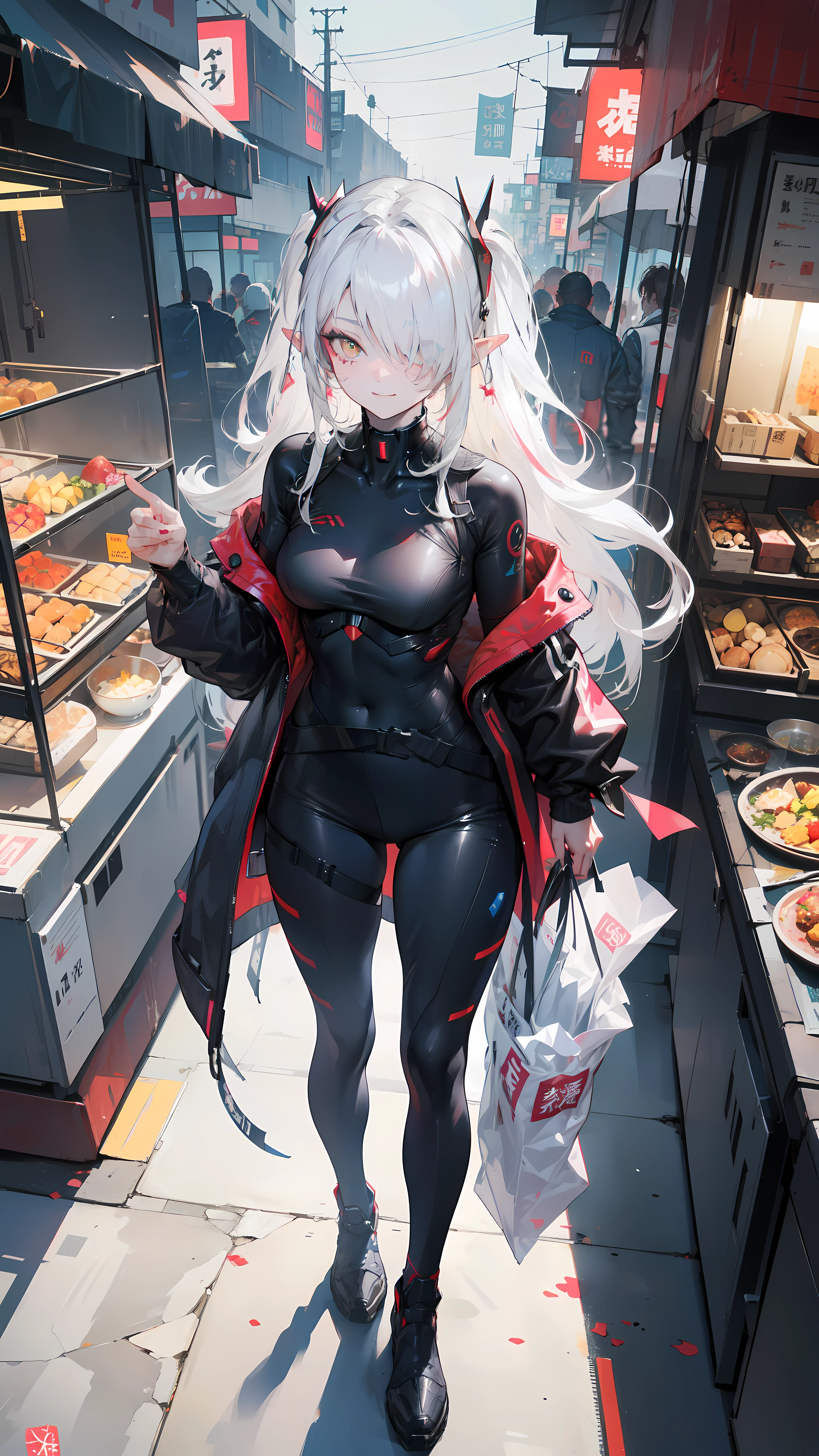 ((masterpiece )), (top quality), (best quality), ((ultra-detailed, 8k quality)), Aesthetics, Cinematic lighting, (detailed line art), Beautiful digital artwork, Exquisite digital illustration, absurdres, (best composition), (high-resolution), 
BREAK,
shy elf girl, (a softly beautiful young elf woman, she brings another food from Food stall), (((from above, perspective))), (((serving food))), ((bringing food to the Stall spring festival)), ((lithe and graceful physique)), (black harajuku fashion, wearing techwear, wearing cyberpunk streetwear, techwear, cyberpunk techwear streetwear look and clothes, we can see them from feet to head, highly detailed and intricate, golden ratio), cheerful spring lighting, (outdoors at the crowded Square village festival, futuristic village, cyberpunk setting, cyberpunk Style), celebration!, (blurry, depth of field), sharp focus, artstation, concept art, illustration in cyberpunk style by Yoji Shinkawa, by Mikimoto Haruhiko, 
BREAK,
highly detailed of (elf), (1girl), solo, perfect face, details eye, cyber_mark, facial mark, ahoge, ((long hair:1.2)), (hair over one eye:1.3), [[Messy hair]], (blonde white hair, multicolored hair), yellow eyes, glowing eyes, (eyelashes, eyeshadow, pink eyeshadow), smiling shyly, design art by Mikimoto Haruhiko, by Kawacy, By Yoshitaka Amano,
BREAK, 
((perfect anatomy)), nice body, medium breast, (extremely detailed finger), (perfect hands), perfect face, beautiful face, beautiful eyes, perfect eyes, (perfect fingers), correct anatomy,