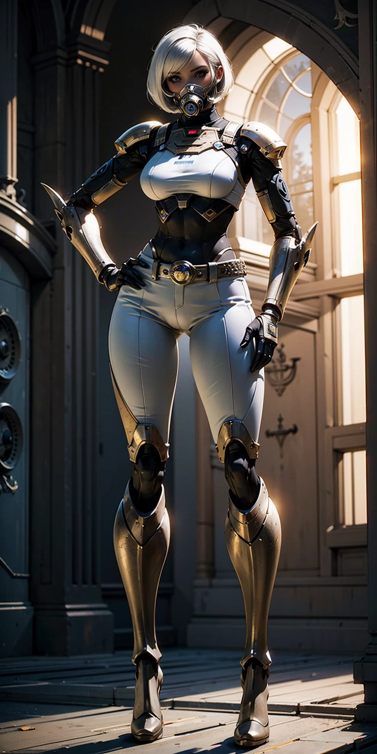 (white ackground:1.2) (masterpiece:1.2,high quality) 1girl, ((ultra realistic details)), global illumination, shadows, Unreal Engine, octane render, 8k, ultra sharp, metal, intricate, ornaments detailed, highly intricate details, yellow bright eyes (mechanical body:1.2) white hair (black gas mask) Gear, bob cut, hundreds of wires, Terran, (Robot, android:1.15) full body, whole body 1solo (girl) standing, hands on hips full body, whole body. choker, big belt, view from below, feet together, bracers, tiara